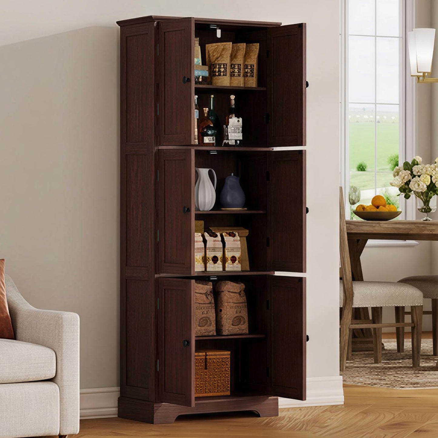 ChooChoo Tall Bathroom Storage Cabinet with 6 Doors, Freestanding Floor Cabinet with Adjustable Shelves, Rustic Walnut Pantry Cabinet for Bathroom, Kitchen, Laundry Room