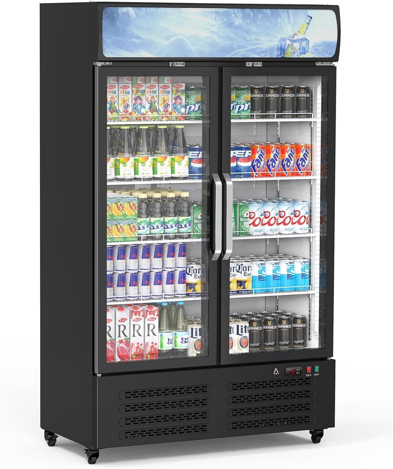 Commercial Refrigerator, 25.3 Cu Ft Commercial Merchandiser Refrigerator, Upright Beverage Display Cooler with 2 Glass Door and LED Light, Large Business Cooler for Home Restaurant Grocery Stores