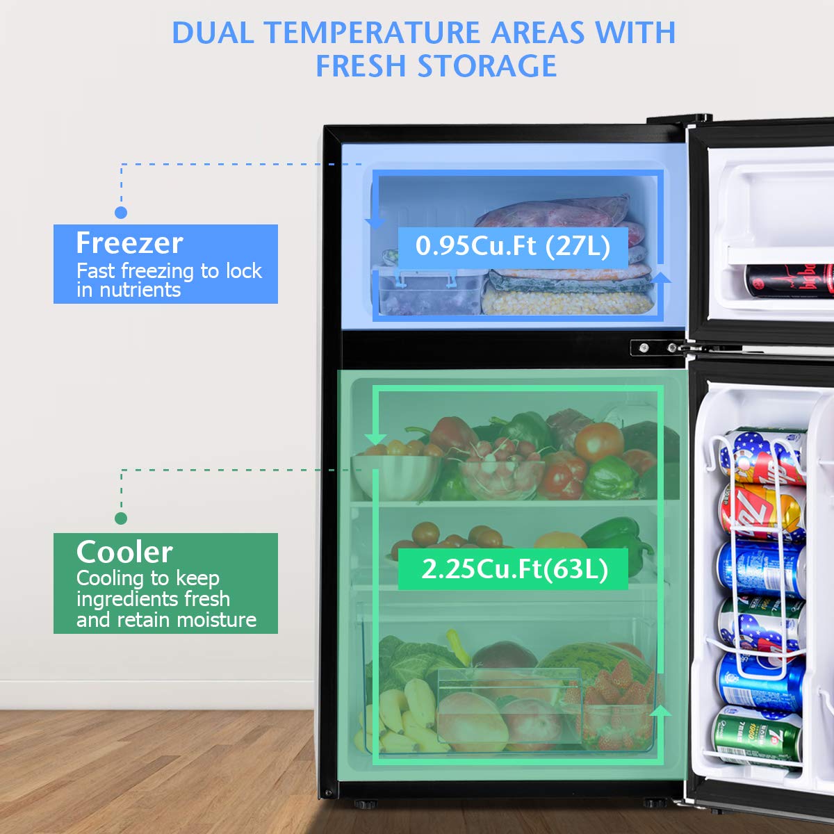COSTWAY Mini Fridge with Freezer, 3.2 Cu.ft. 2-Door Mini Freezer Cooler Fridge w/Reversible Door, Removable Glass Shelves, Mechanical Control, Small Refrigerator for Bedroom, Dorm, Office (Black)