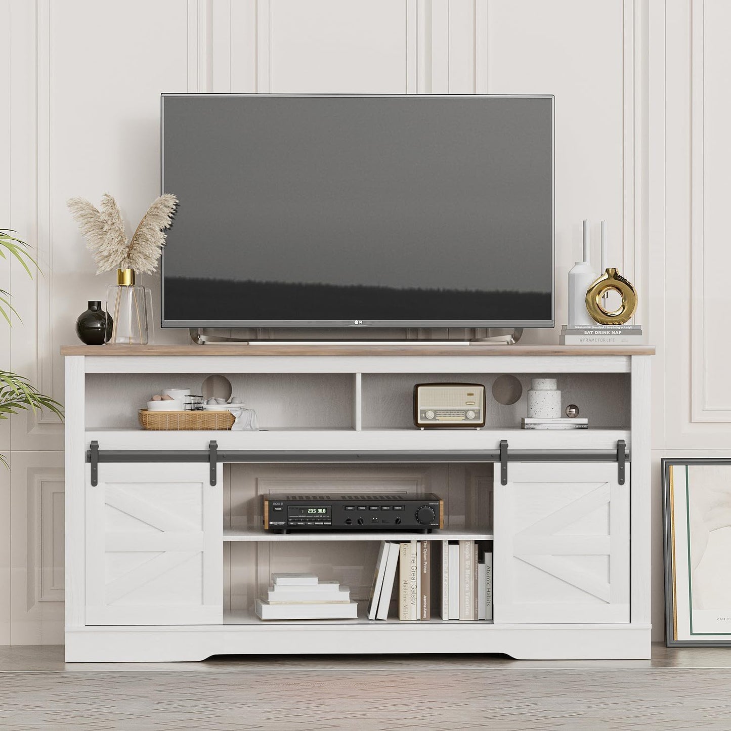 YESHOMY Fireplace TV Stand for Television up to 65+ Inch with Storage and Farmhouse Sliding Barn Doors, Entertainment Center with Cabinet and Shelves, Media Console for Living Room,Milk White