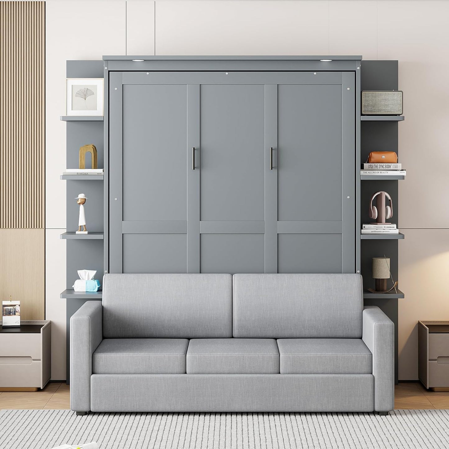 Queen Murphy Bed with Couch and Storage Shelves,Wood Murphy Wall Bed Cabinet with Storage Shelves and Sofa,Folding(Grey)
