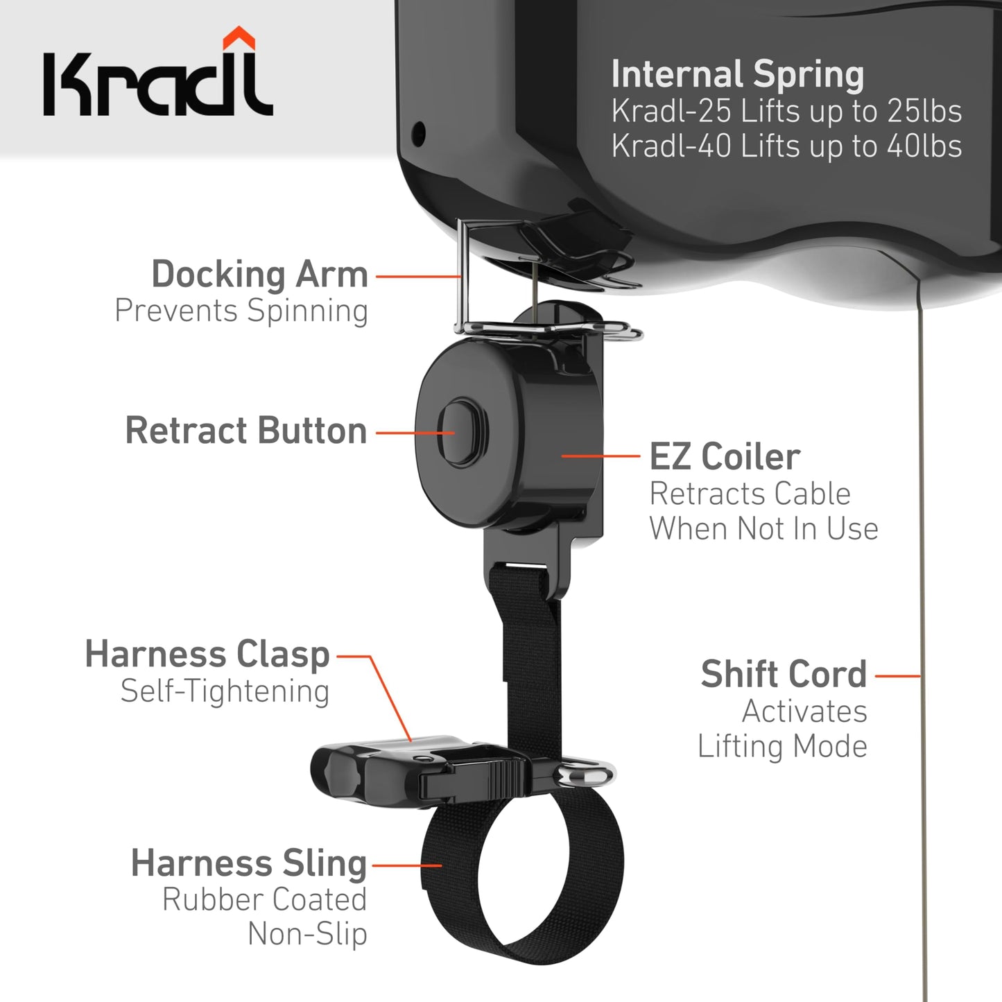 Kradl - Ceiling Mount Bike Lift and Rack. Bicycle Storage Hoist Without Electricity, Clumsy Ropes or Pulleys. 25 Pound Capacity.