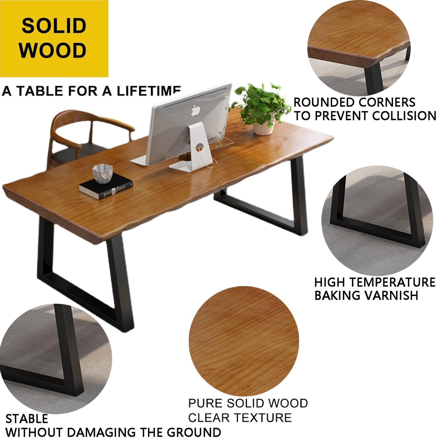 tiedingdingjiaju Modern Solid Wood Executive Desk – Spacious and Minimalist Home Office Workstation Perfect for Writing and Professional Use (Light Brown, 62.99in)