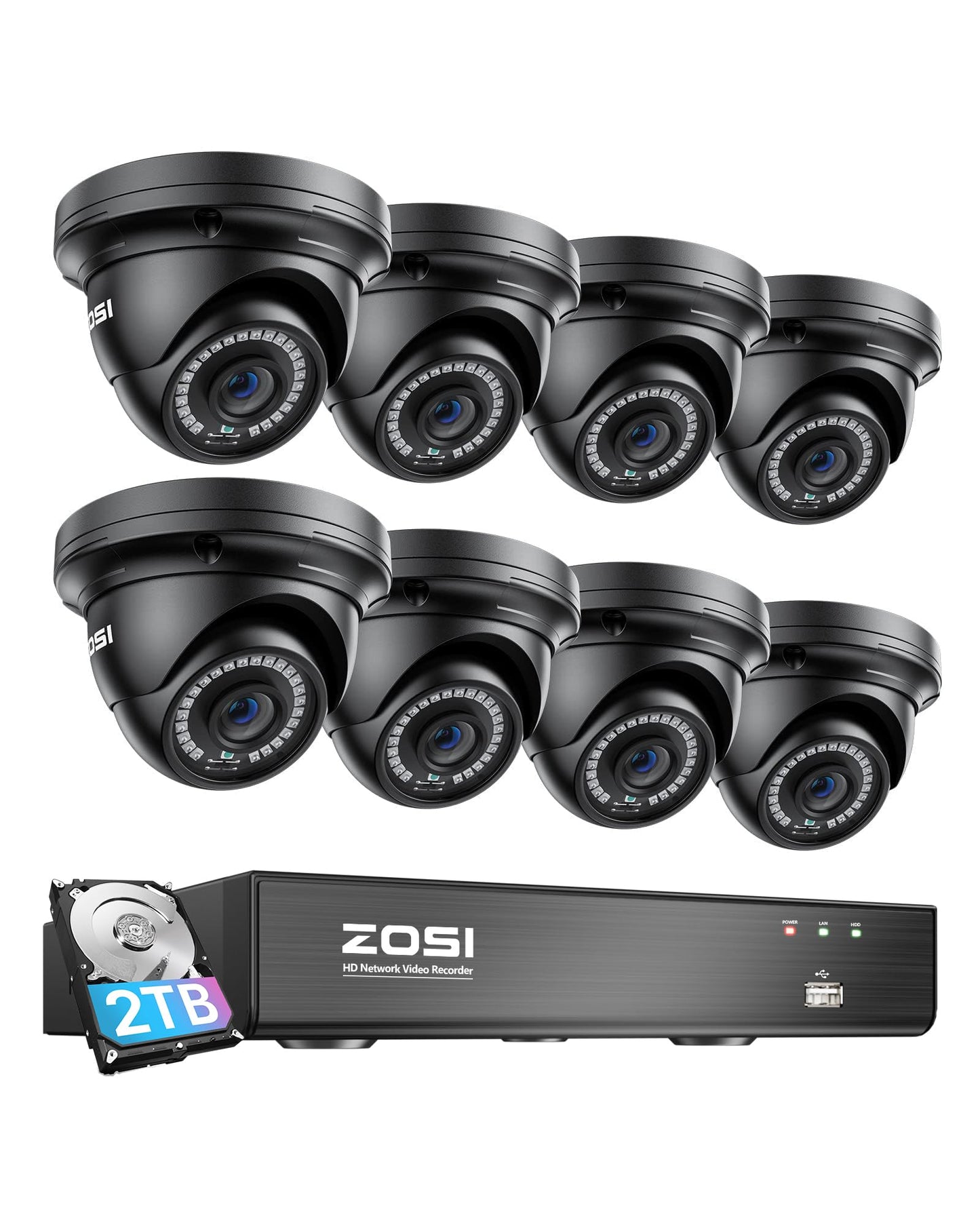 ZOSI 8 Channel 8MP 4K PoE Home Security Camera System Outdoor, 8 x Wired 5MP(3K) Dome IP Cameras, 8CH PoE NVR (16CH Expandable) with 2TB HDD for 24/7 Recording, Motion Detection, Remote Control