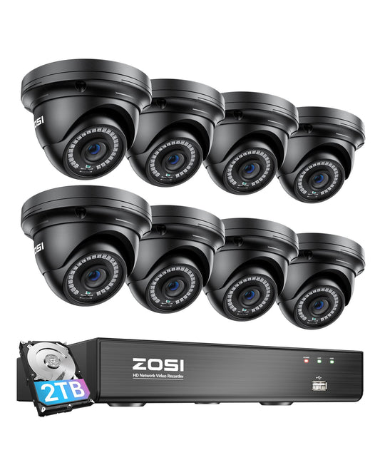 ZOSI 8 Channel 8MP 4K PoE Home Security Camera System Outdoor, 8 x Wired 5MP(3K) Dome IP Cameras, 8CH PoE NVR (16CH Expandable) with 2TB HDD for 24/7 Recording, Motion Detection, Remote Control