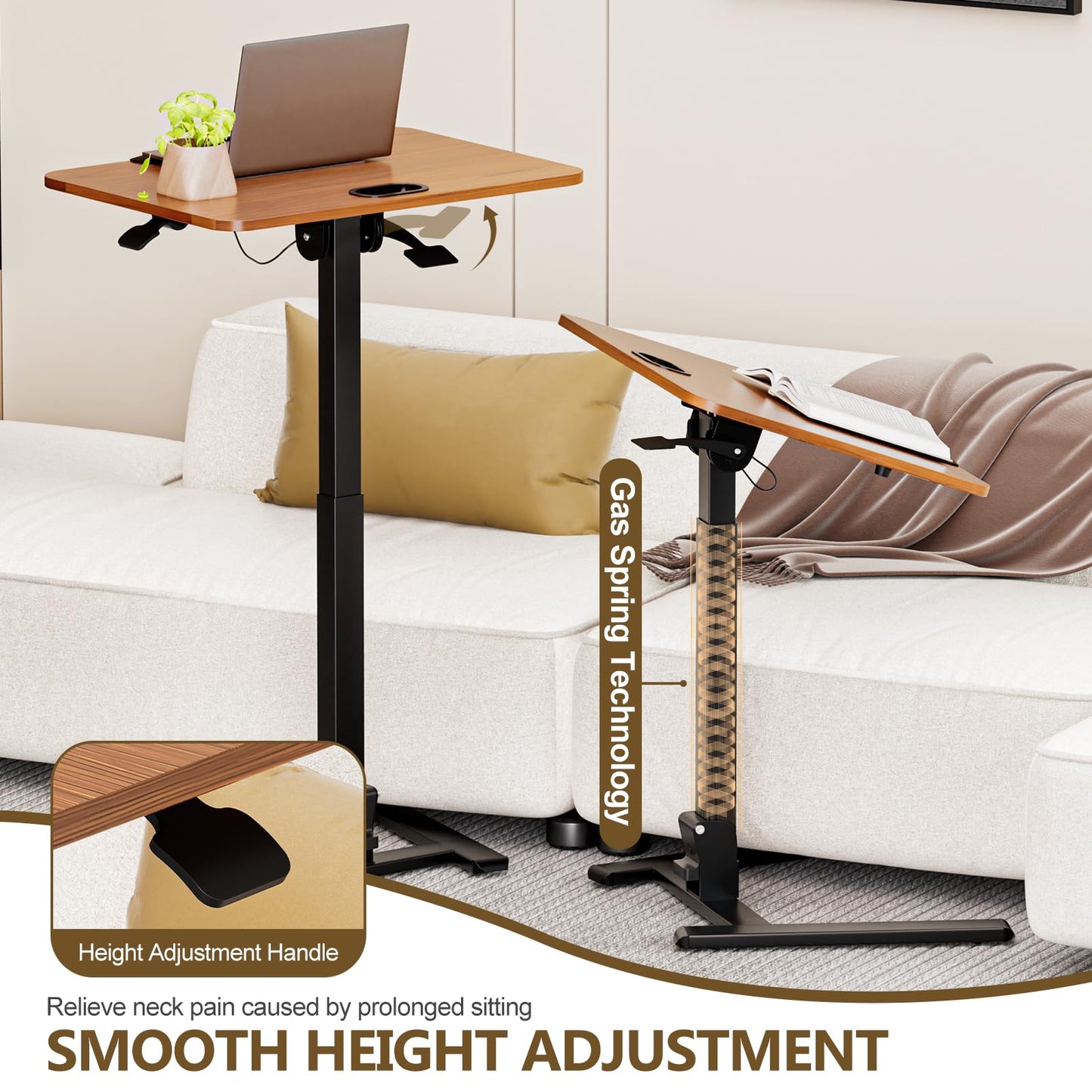 OUKMIC 25 Inch Mobile Foldable Standing Desk, 180 Degree Tiltable Portable Rolling Laptop Table, Height Adjustable Sit-Stand Desk with Wheels, No Assembly Computer Workstation for Home Office, Brown