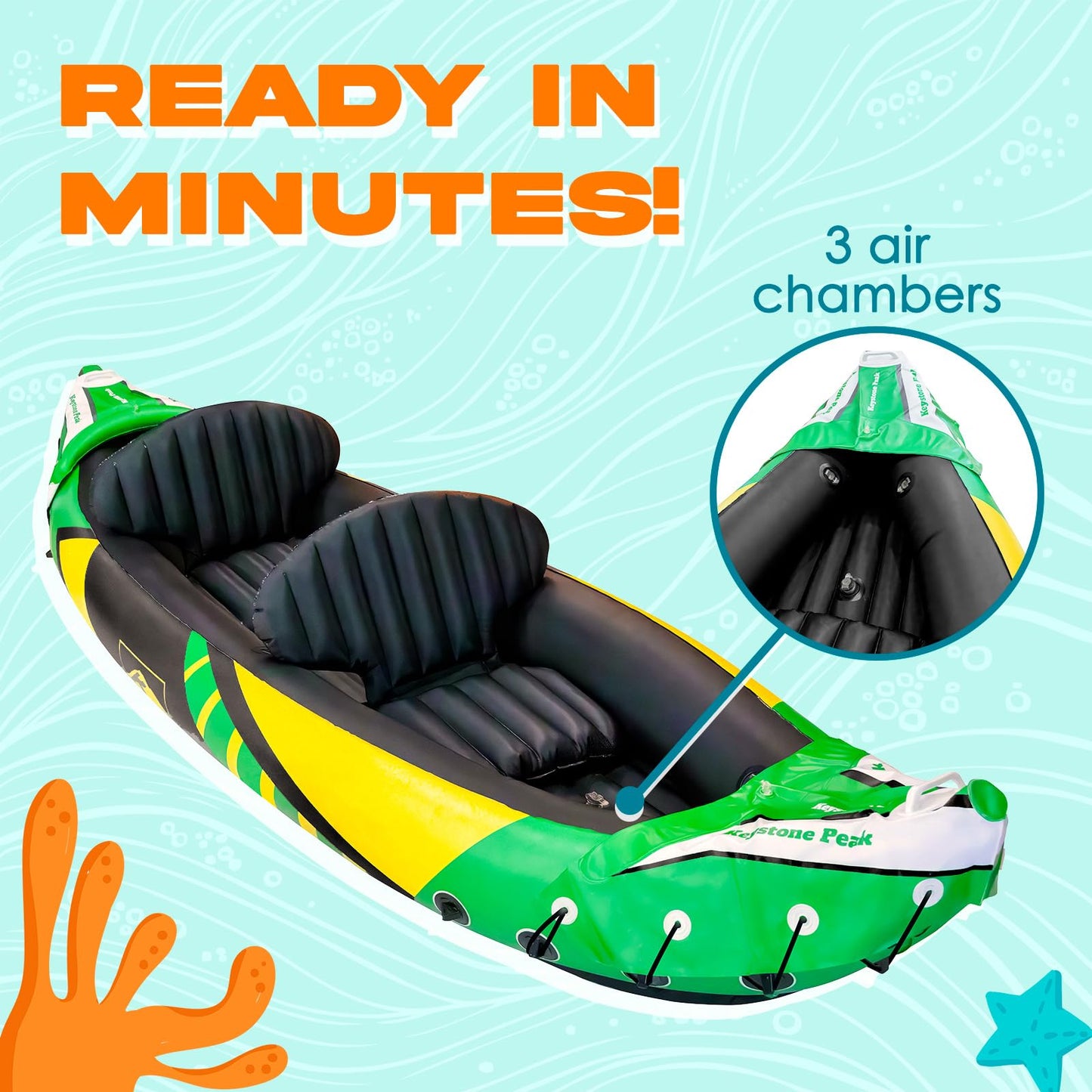 Keystone Peak Inflatable Kayak 2 Person with Detachable Sun Canopy – Heavy-Duty Tandem Kayak for Adults – Reinforced Paddles, Waterproof Phone Bags, Adjustable Seats, Extra Seat for Dog or Child