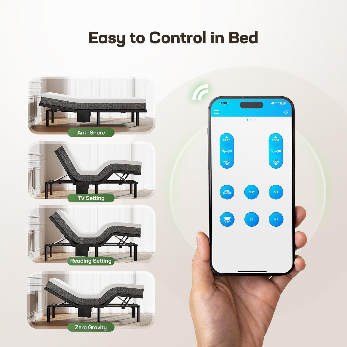 Marsail MS01-2 Queen Adjustable Bed + 6-inch Gel Memory Foam Mattress, APP Control Adjustable Bed with Under-Bed Nightlight, Queen