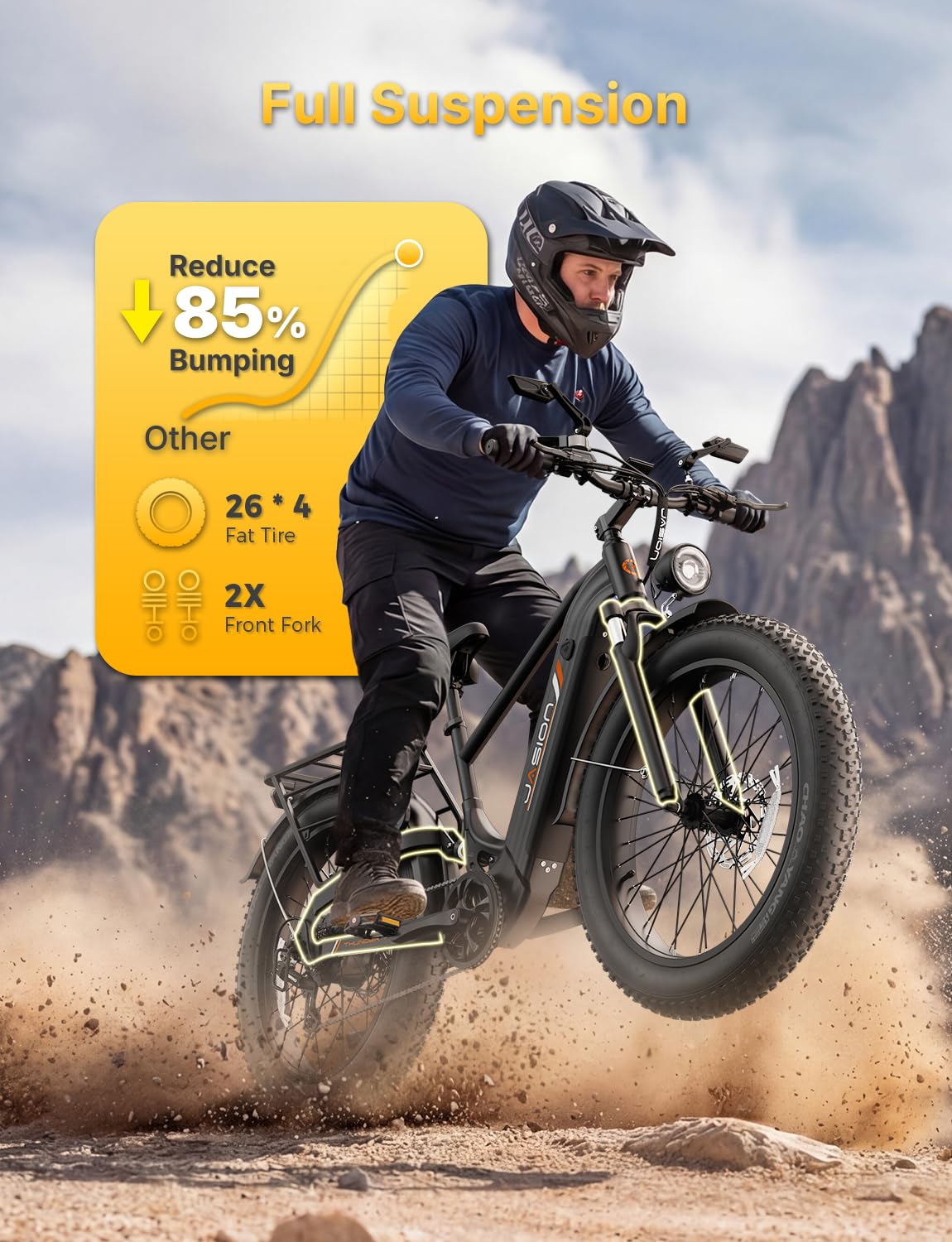 Jasion Thunder Pro Electric Bike,2000W Peak Ebikes for Adults,26''Fat Tire Best Ebike for Men,90 Miles with 1040Wh Removable Battery,35+MPH Max Speed Bicycles,500LB Capacity