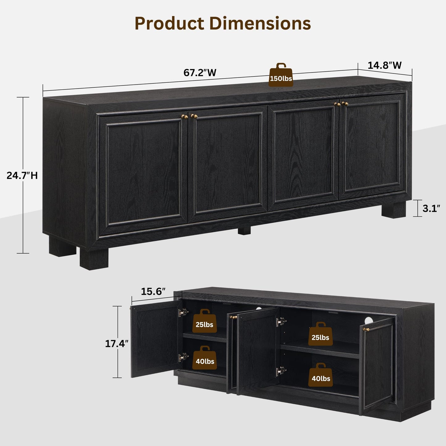 ACCOHOHO Farmhouse TV Stand, 68" Entertainment Center with 2 Base, Media Console Table for Living Room, TV Console with Storage Cabinets, for TV up to 75 Inches,Charcoal Black