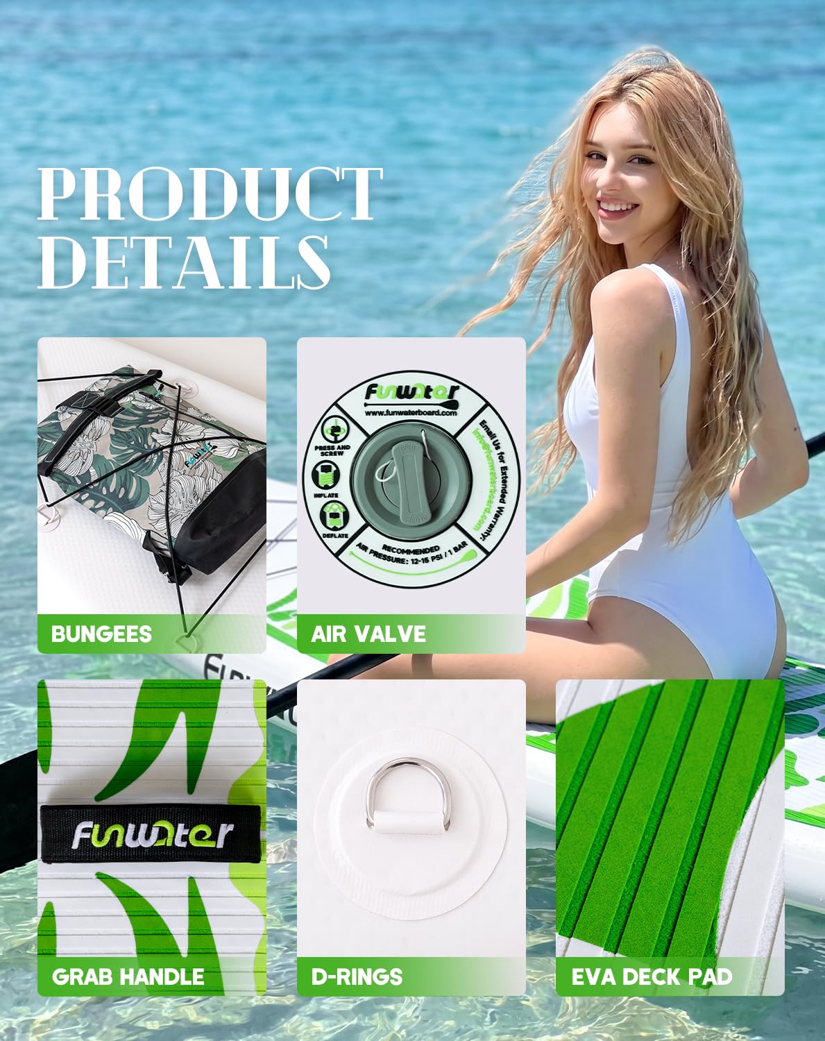 FunWater Inflatable 10'6×33"×6" Ultra-Light (17.6lbs) SUP for All Skill Levels Everything Included with Stand Up Paddle Board, Adj Floating Paddles, Pump, ISUP Travel Backpack, Leash,Waterproof Bag