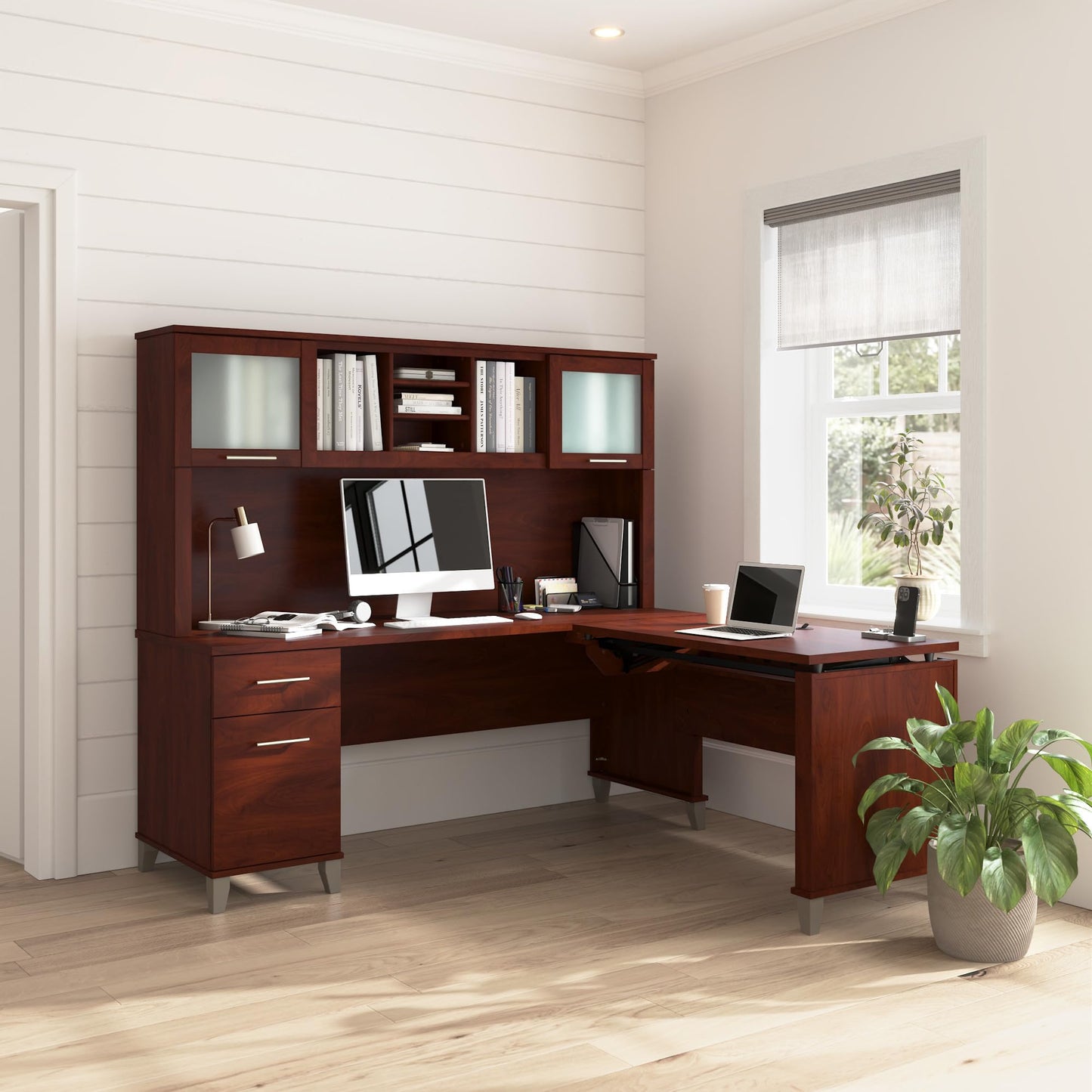 Bush Home 72-Inch L-Shaped Sit to Stand Desk with Hutch, Adjustable Height Standing Corner Computer Desk with Drawers, Shelves and Storage Cabinet, Home Office, Somerset Collection, Hansen Cherry