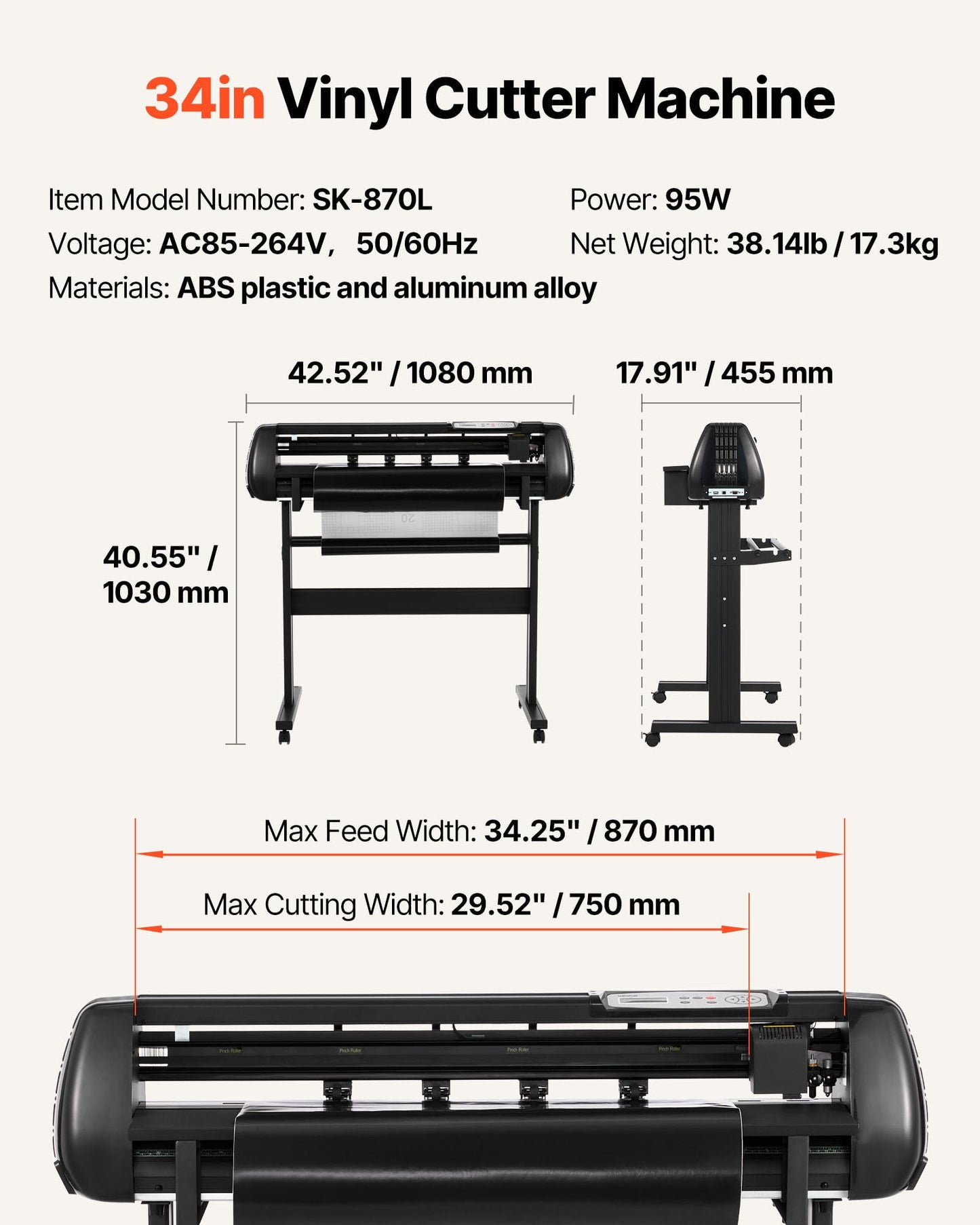 VEVOR Vinyl Cutter Machine, 34 inch Max Feed Width, Dual Blades, Adjustable Force and Speed, LED Display, Vinyl Plotter Cutter Printer with Signmaster Software for Compatible with Windows and macOS