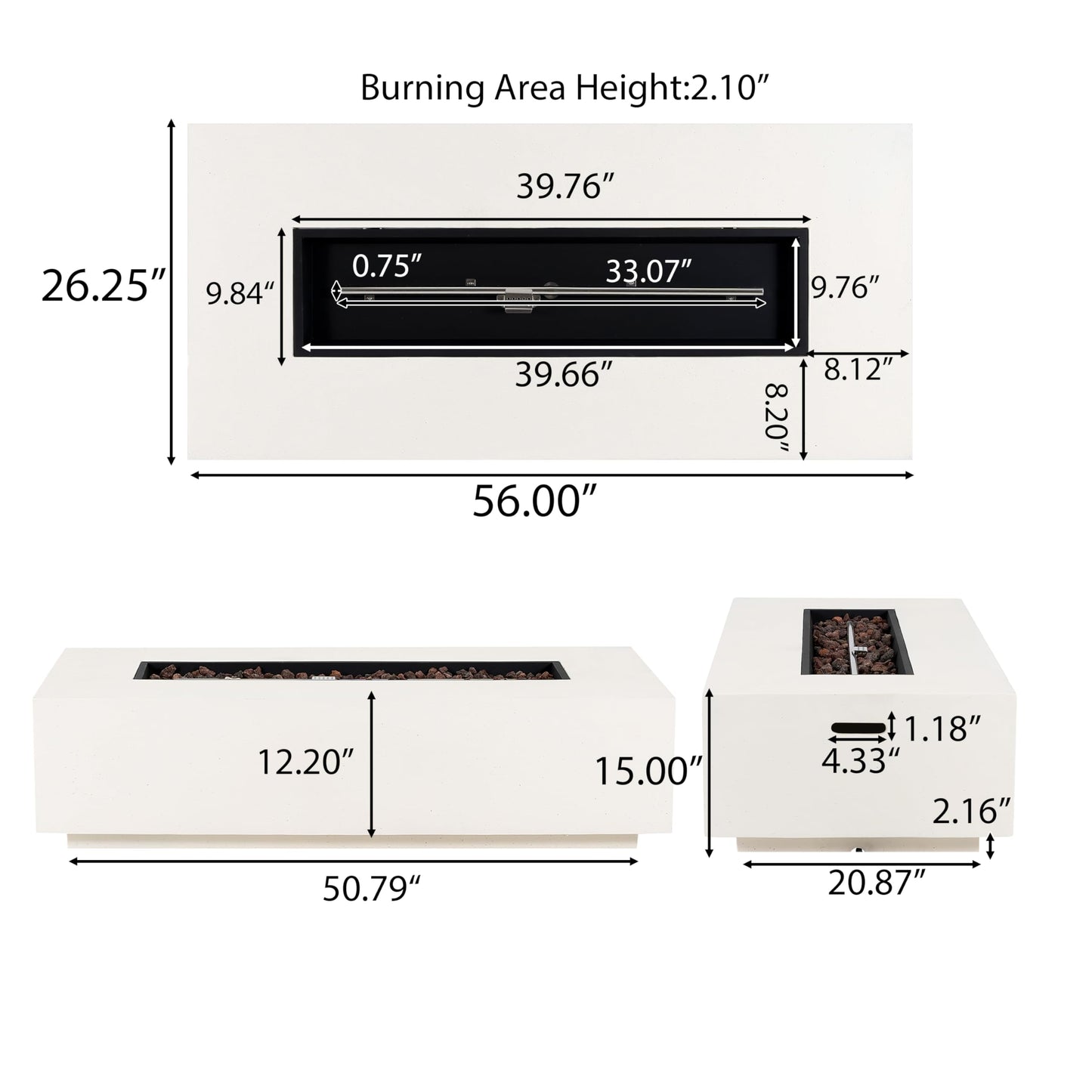 Christopher Knight Home Aidan Lightweight Concrete Outdoor Propane Fire Pit Table, 50,000 BTU Rectangular Fire Table for Patio Furniture Set (No Tank Holder), Fully Assembled Patio Fire Pit, White