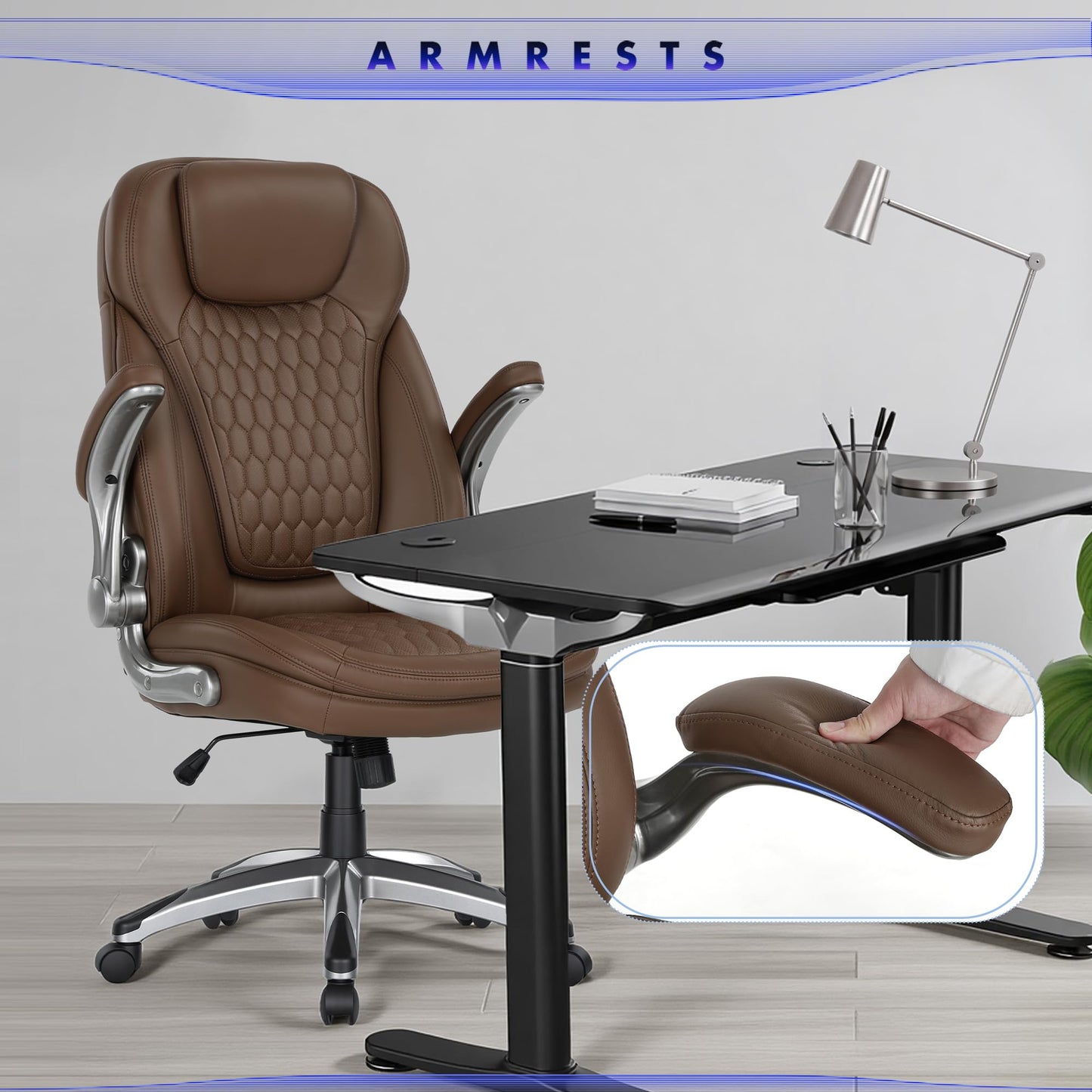 COLAMY Executive Office Chair-Ergonomic Computer Desk Chair, High Back Leather Chair with Padded Flip-up Arms, Swivel Home Office Chair Upgraded Caster, Brown