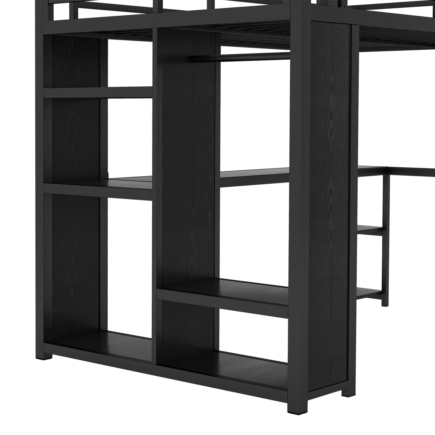 Bellemave Metal Full Size Loft Bed with Desk and Wardrobe,Heavy Duty Loft Bed Frame with Storage Shelves for Kids,Teens,Adults, Space Saving,Black