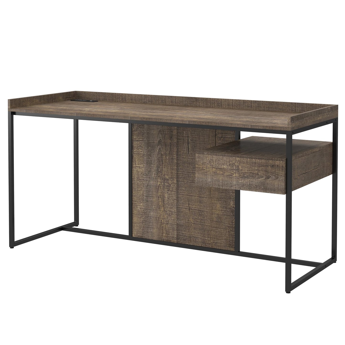 24/7 Shop at Home Lochlan Industrial 1 Drawer Metal Writing Desk with USB Port, Power Outlet, 1 Shelf for Workstation, Home Office, Study Room, Matte Black and Oak Brown