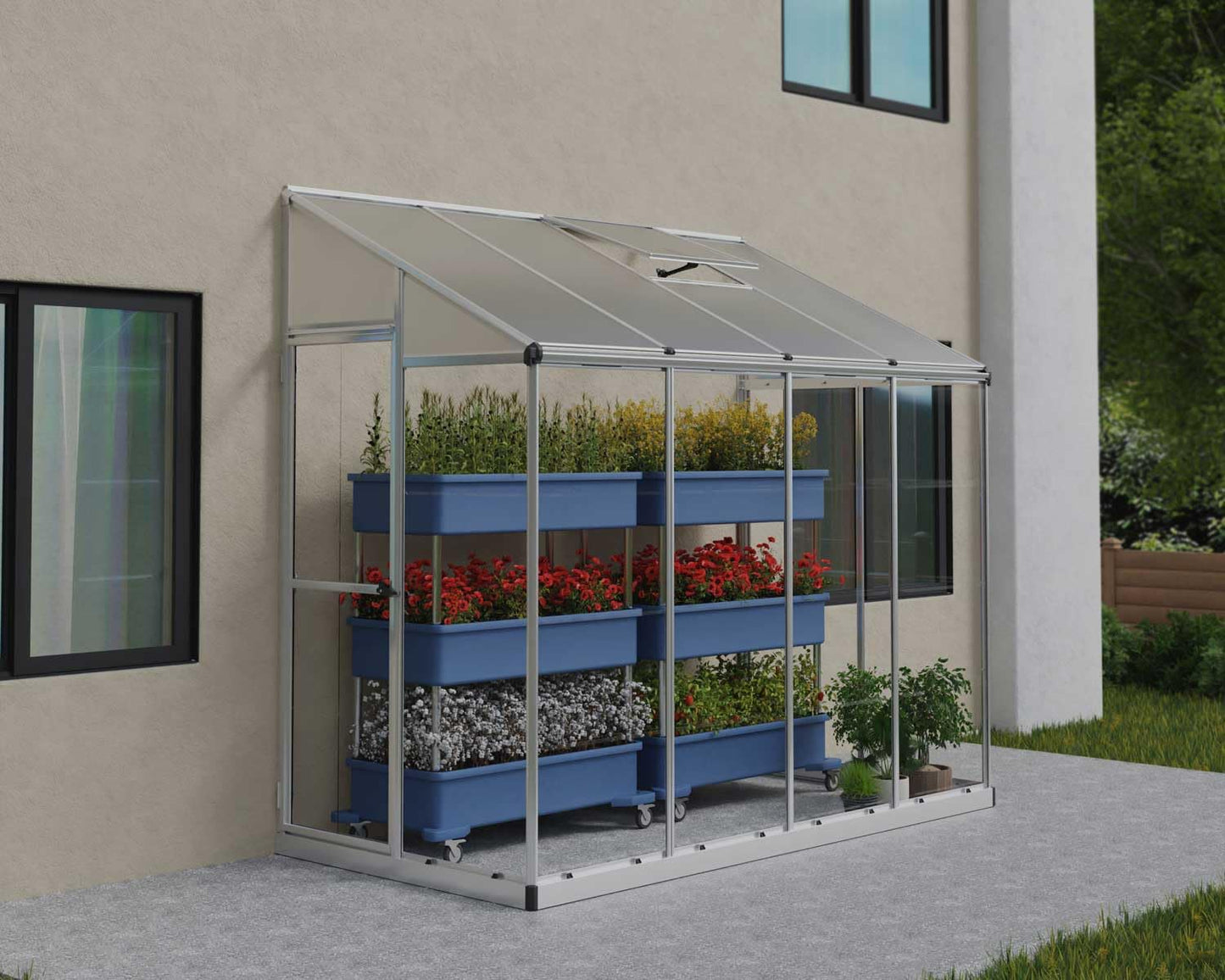 Palram - Canopia 4x8 Lean-To Greenhouse for Outdoors, Hobby Walk-In UV Polycarbonate Panels Heavy Duty Aluminum Frame, Lockable Door, Adjustable Roof Vent, Rain Gutters, Galvanized Steel Base, Hybrid
