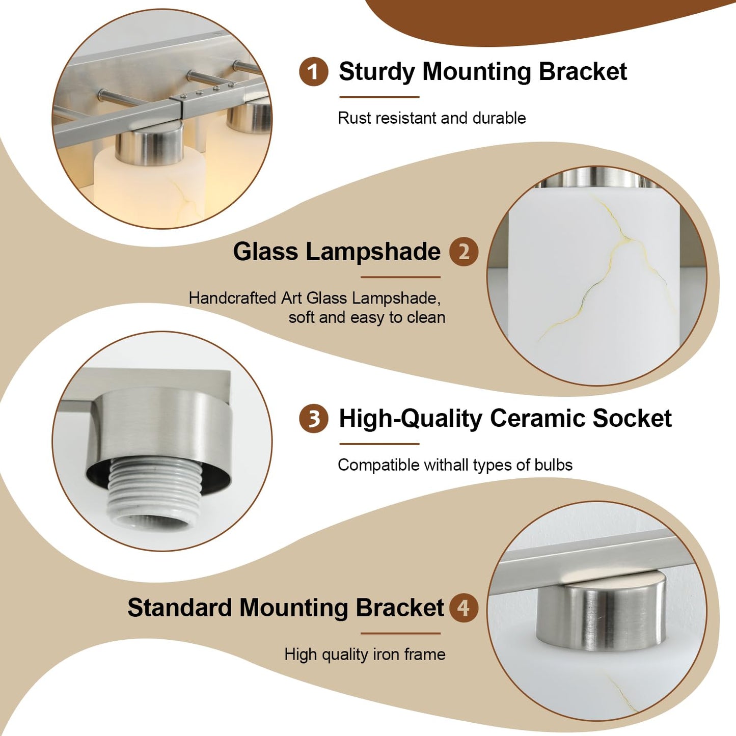 Mieloxiy 8-Light Bathroom Light Fixtures, Modern Vanity Lights, Brushed Nickel Metal Wall Lamp with White Marble Glass for Bathroom, Mirror, Living Room, Bedroom, Cabinet, Porch, Hallway, E26 Base