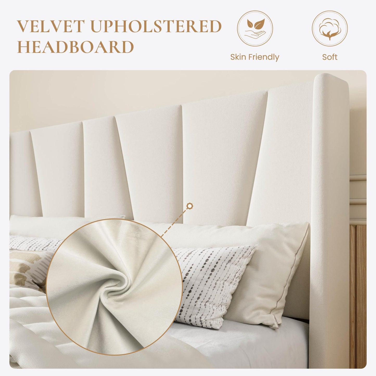 SHA CERLIN King Size Velvet Bed Frame with Geometric Wingback Headboard, Upholstered Platform Bed with Wooden Slats Support, 8" Under-Bed Space, No Box Spring Needed, Easy Assembly, Cream
