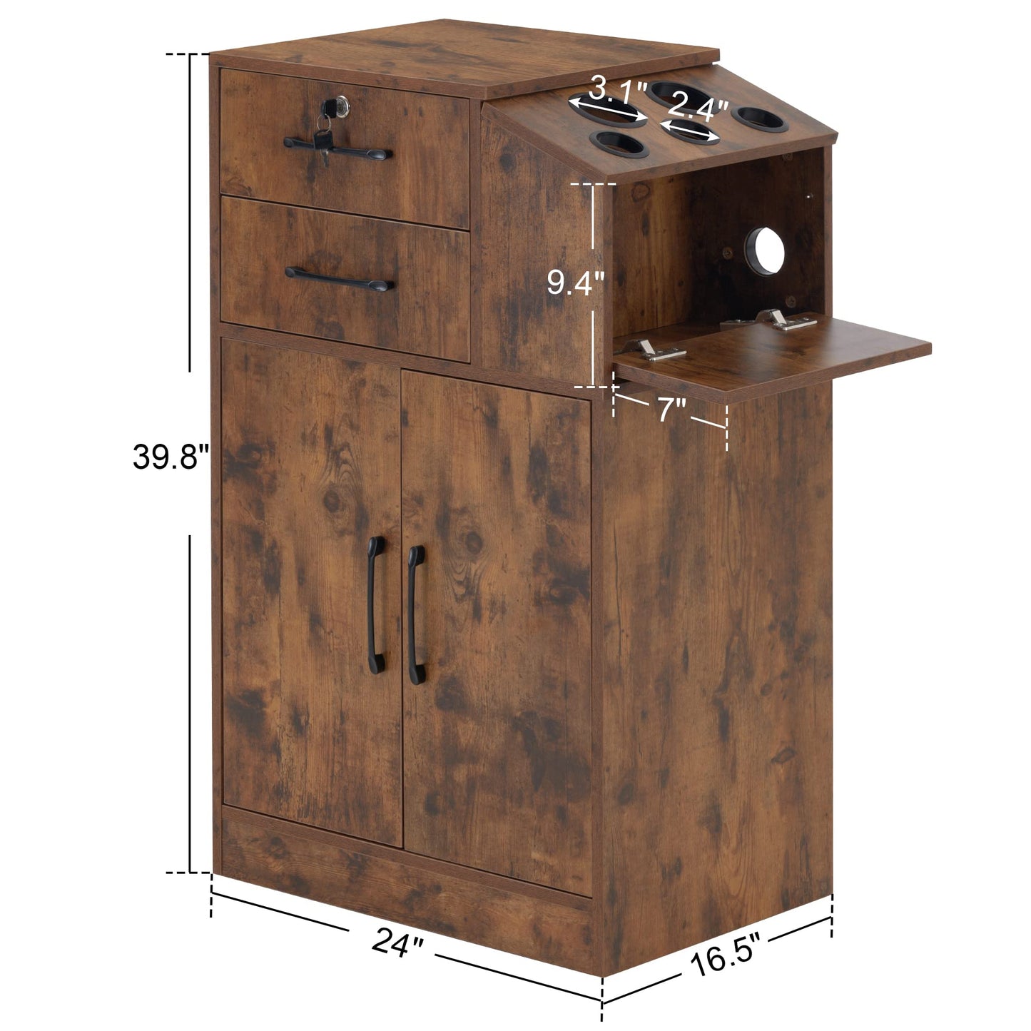 BarberPub Locking Barber Station with 2 Drawers Cabinet Beauty Salon Storage Equipment with Holders for Hair Stylist Spa 2005 (Rust Brown)