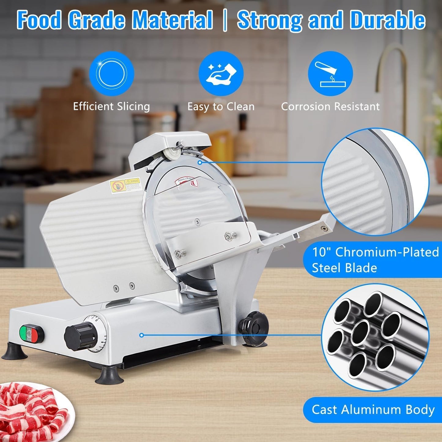 550W Dual Motor Meat Slicer Machine, 10" Alloy Steel Blade, Adjustable 0–14mm, Automatic Sharpener, Heavy Duty Deli Slicer for Home & Commercial Use