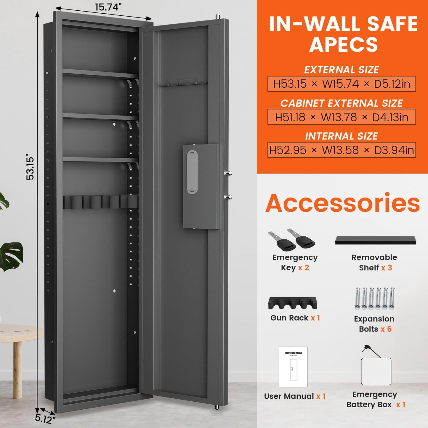 kavey 53.15" Wall Safe Between the Studs, Digital Hidden Safe with LCD Backlit Keypad, Large Wall Gun Safe with 3 Adjustable Shelves & Magnetic Slot for Home (Black-Digital)