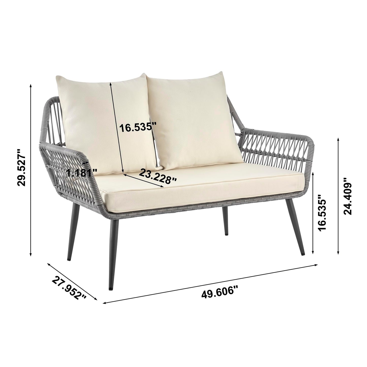 Manhattan Comfort Portofino 4-Piece Patio Conversation Set, Rope Wicker Design with Waterproof Cushions | Outdoor Furniture Includes 2 Armchairs, Loveseat & Coffee Table with Tempered Glass Top, Cream