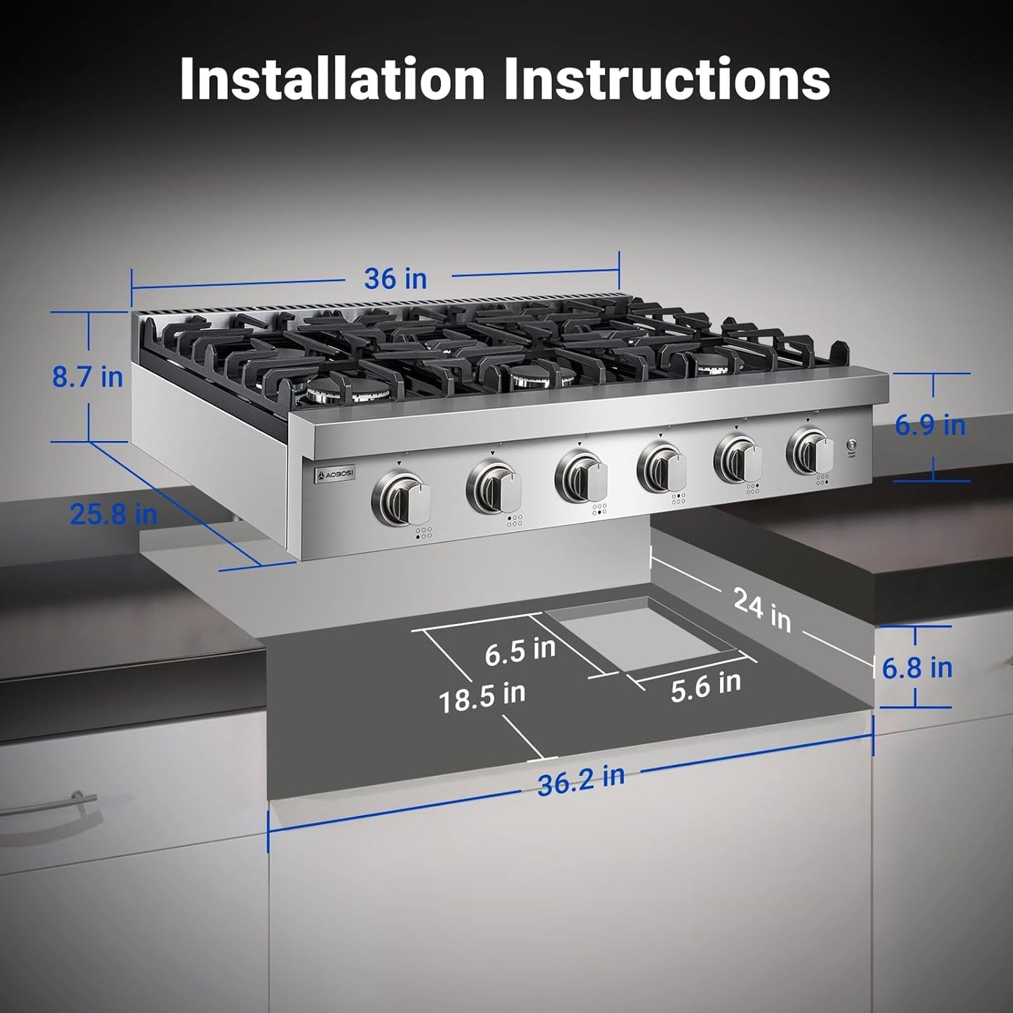 AAOBOSI 36-Inch Gas Cooktop with 6 Burners, 78,000 BTU Built-In Stainless Steel Rangetop, Freestanding Commercial Cooktop NG/LPG Convertible with Cast Iron Grates,Drip Pan and Panel Lights