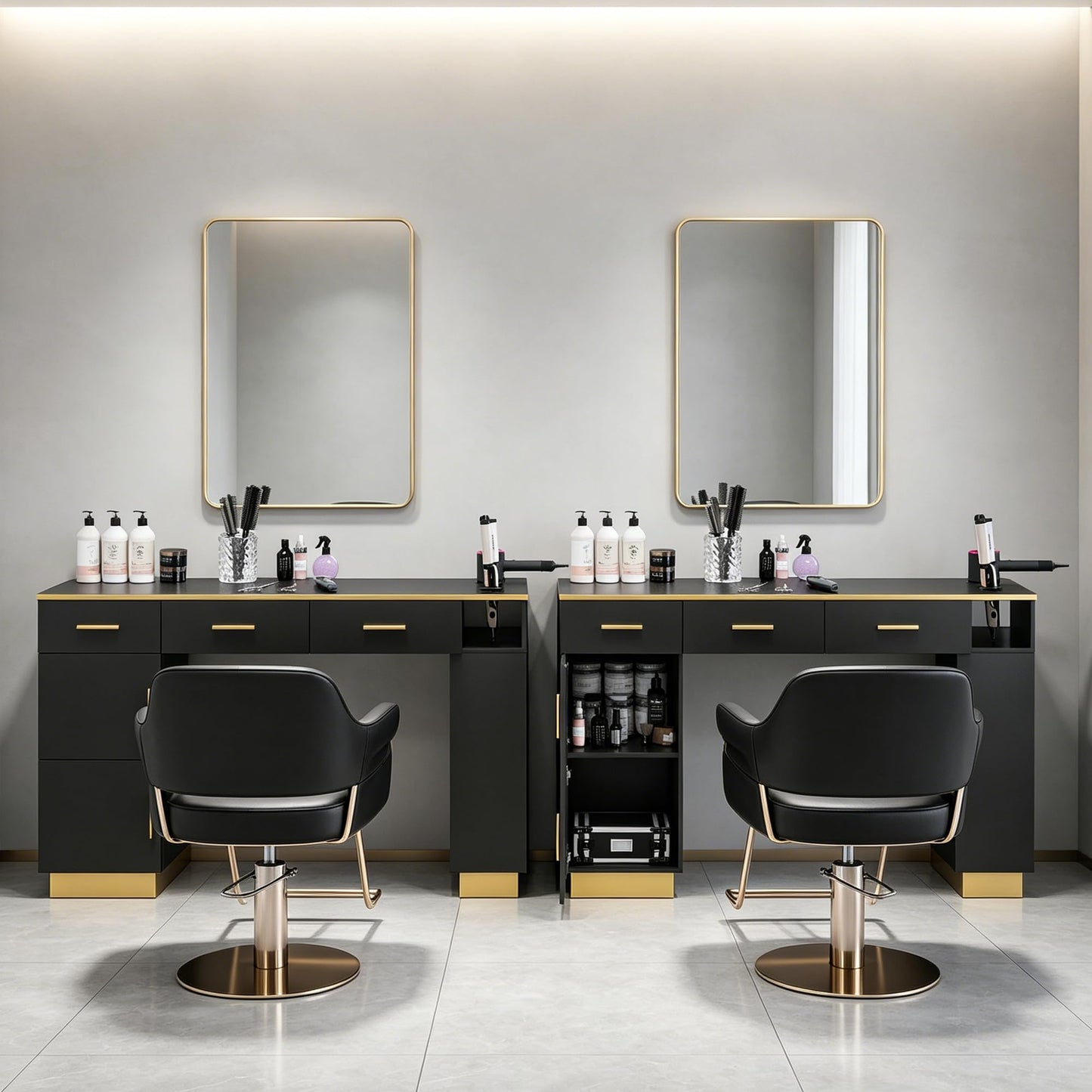 Oakvera Salon Station for Hair Stylist, Freestanding Barber Desk with 2 Cabinets, 3 Drawers & Open Storage Shelves, Hair Salon Furniture for Salon, Spa & Beauty, Black