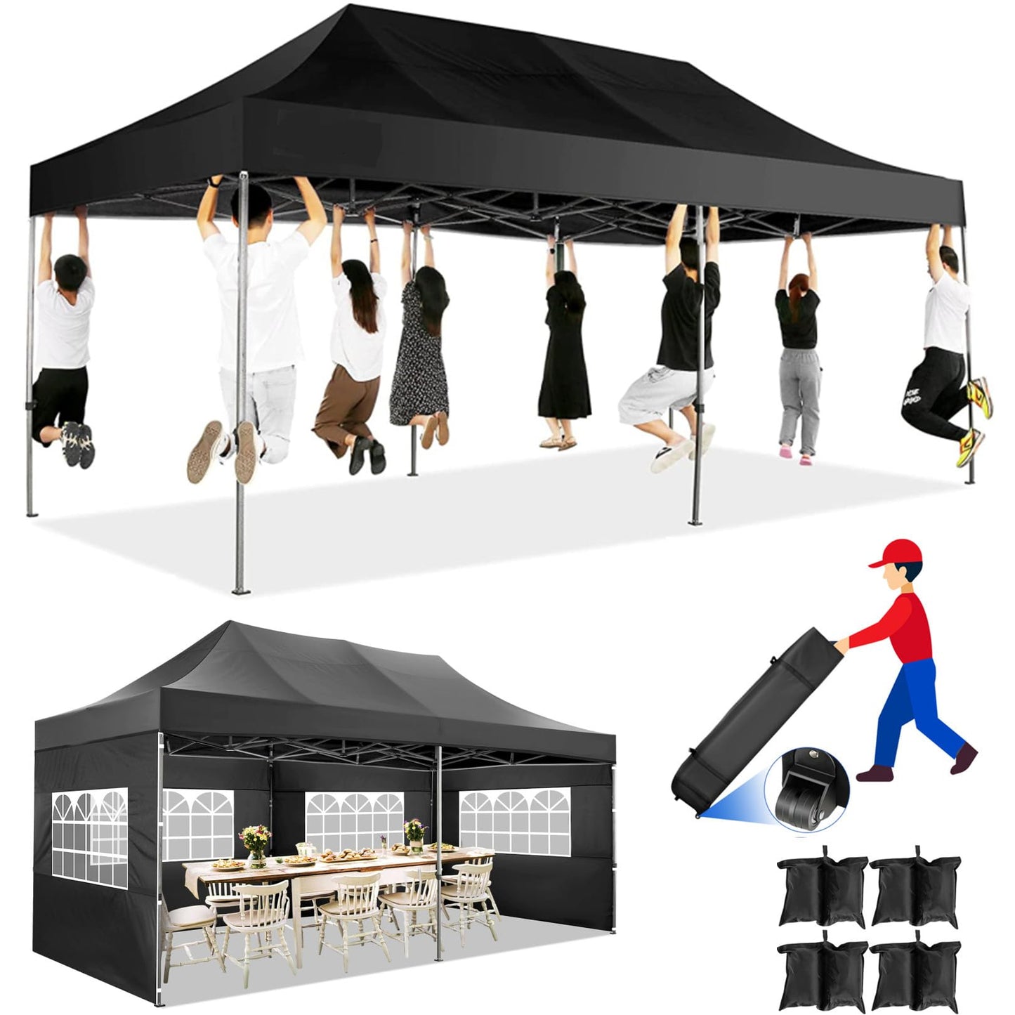 COBIZI 10x20 Pop up Canopy Tent Heavy Duty with 6 Sidewalls, Easy Set-up Commercial Outdoor Party Tents, 100% Waterproof Wedding Gazebo, 3 Height Adjustable with Wheeled Bag, Jet Black
