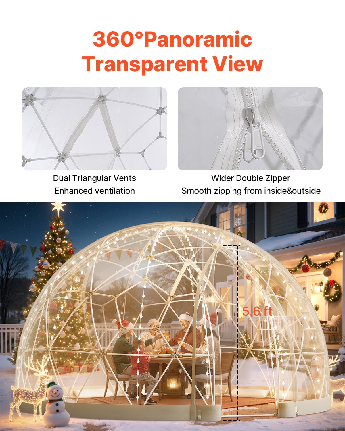 VEVOR Garden Dome Tent, 12 x 7.2 ft Clear Bubble Tent House for 4–7 Person, Waterproof PVC Geodesic Dome Greenhouse with Ventilated Window, Outdoor Igloo