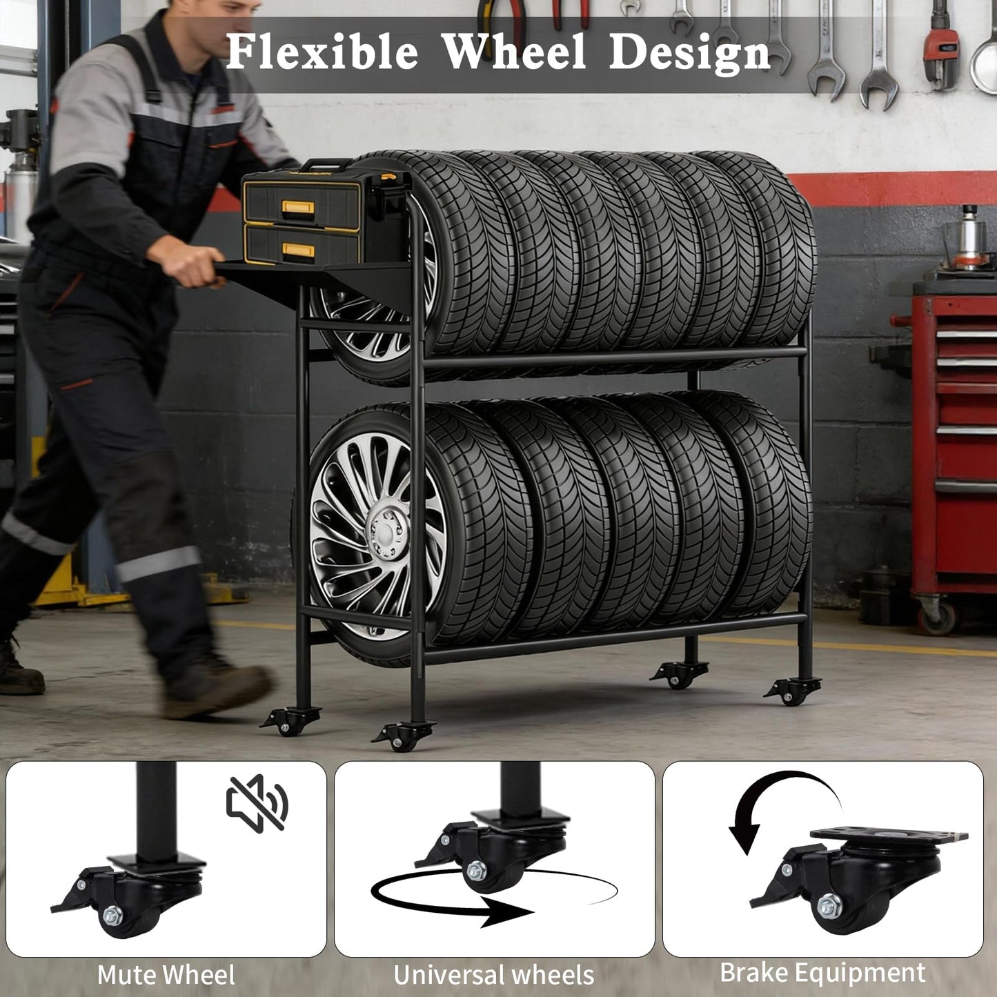 Vioranex Adjustable Rolling Tire Rack, Heavy-Duty Tire Storage Rack for Garage with 4 Self-Locking Casters, Foldable Hole Board, Metal, 59" H x 59" W