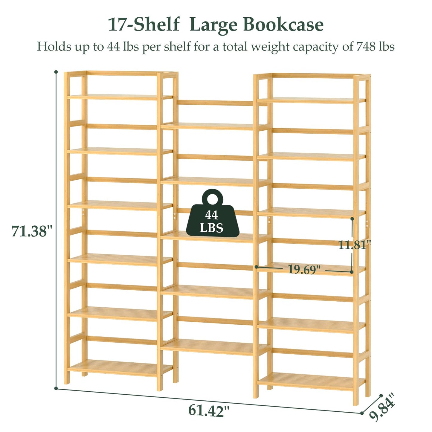 Homykic Bamboo Bookshelf, 71” Tall Triple Wide Bookcase with 17 Open Storage Shelves, 6-Tier Etagere with Back Rails, Large Display Shelf for Books, Plants, Home Office, Living Room, Max Load 748LBS