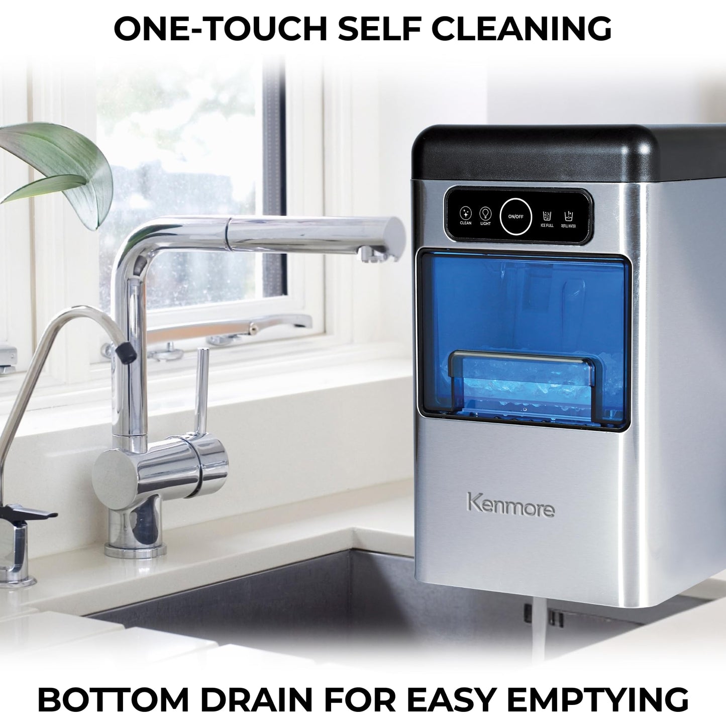 Kenmore Countertop Ice Maker Nugget Machine – Portable Self-Cleaning Máquina de Hacer Hielo para Casa, Crunchy Chewable Pebble Ice, 40lb/24hr Capacity, Stainless Steel