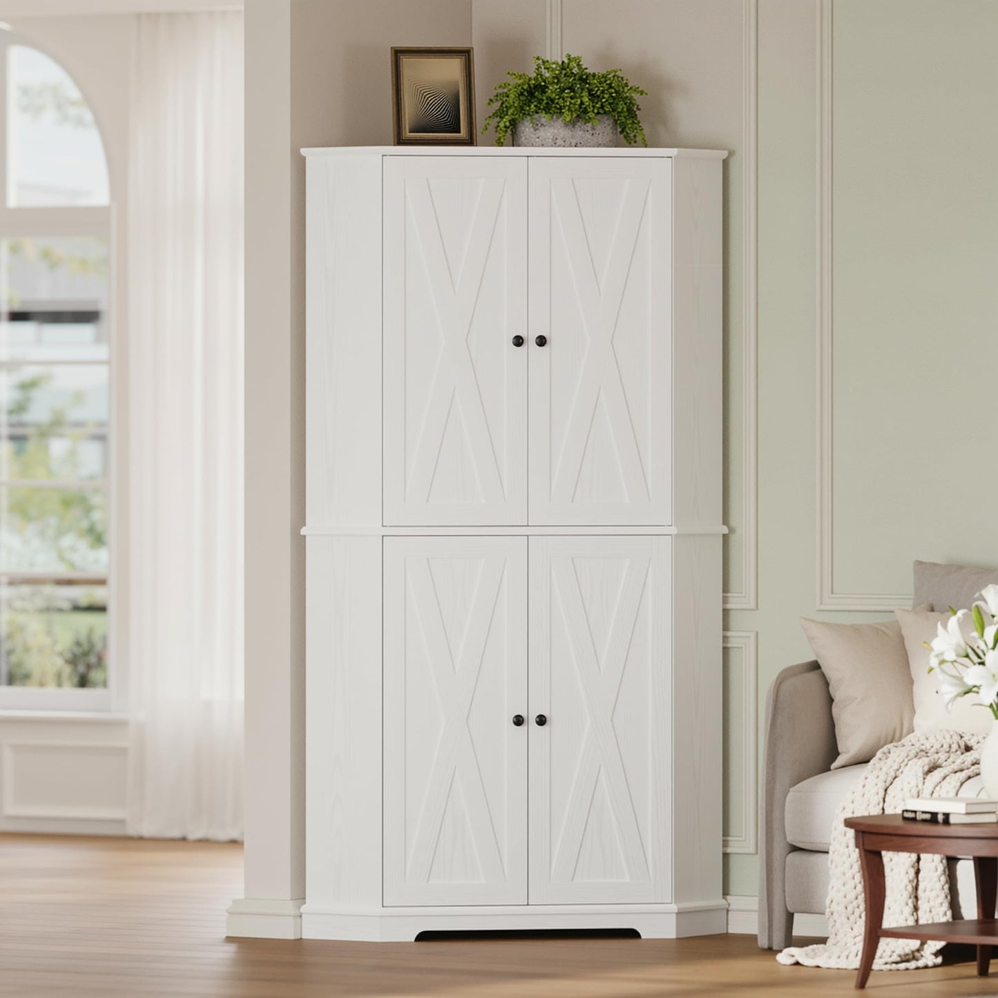 IRONCK Corner Cabinet, 72" H Kitchen Pantry Storage Cabinet, 4 Barn Doors with Storage Rack, 4 Adjustable Shelves, 6-Tier Tall Food Pantry Cabinet, Farmhouse Hutch for Kitchen Dining Room, White