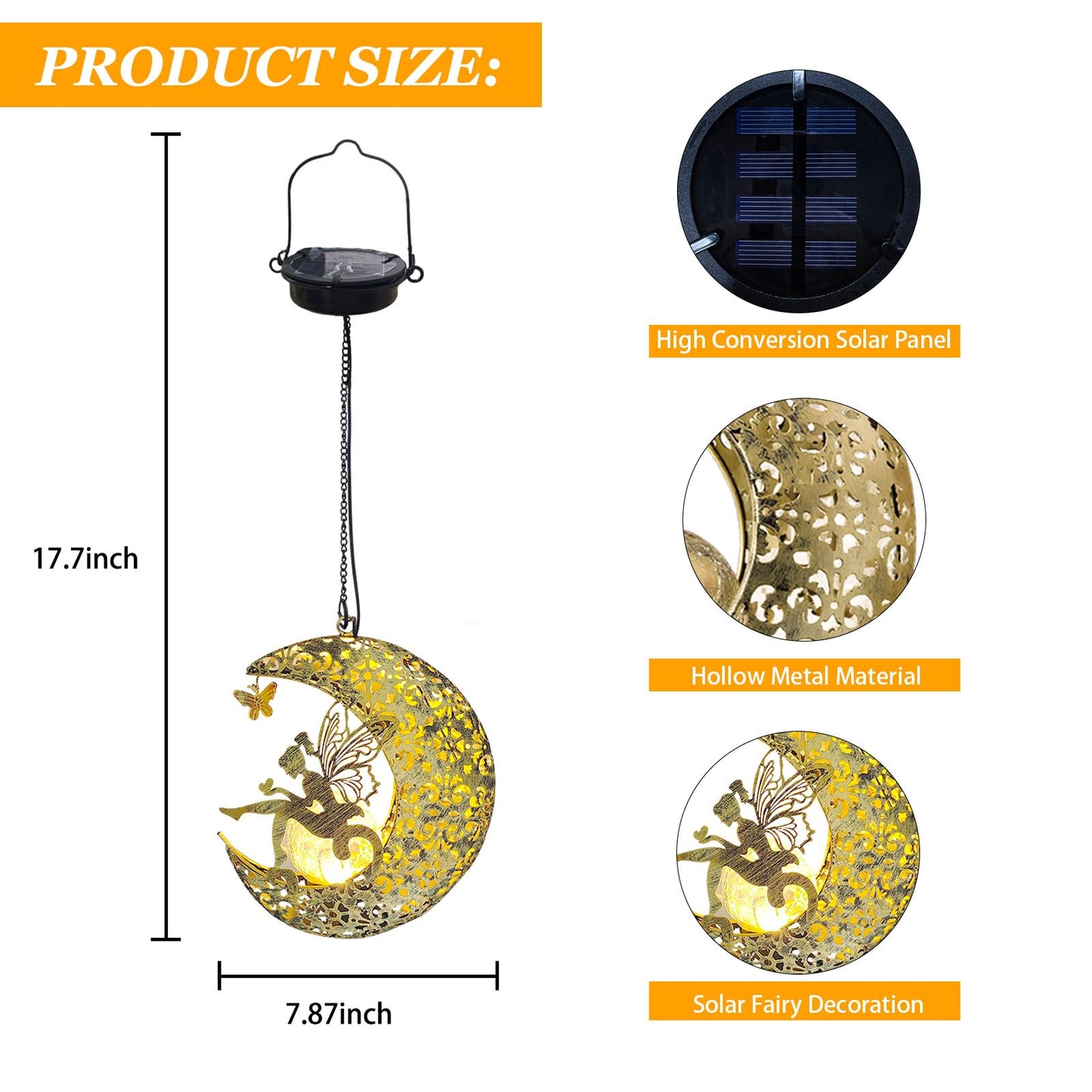 QCF Solar Garden Fairy Statue with Hanging Lights, Bronze Color, Fairy Moon, Model JY10003, Outdoor Metal Yard Art