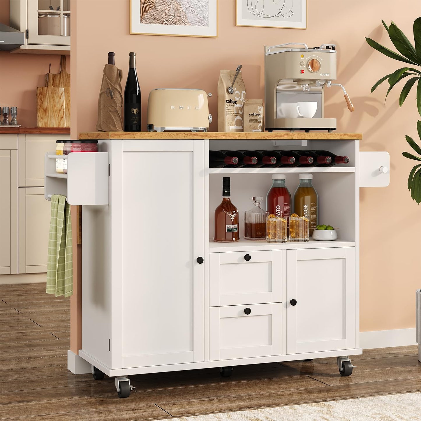 knoworld Rolling Kitchen Island with Storage Cabinet, 41.3'' Width Kitchen Cart with Desktop Drop Leaf Countertop, Portable Mobile Island with Towel Rack, Spice Rack Shelf, White