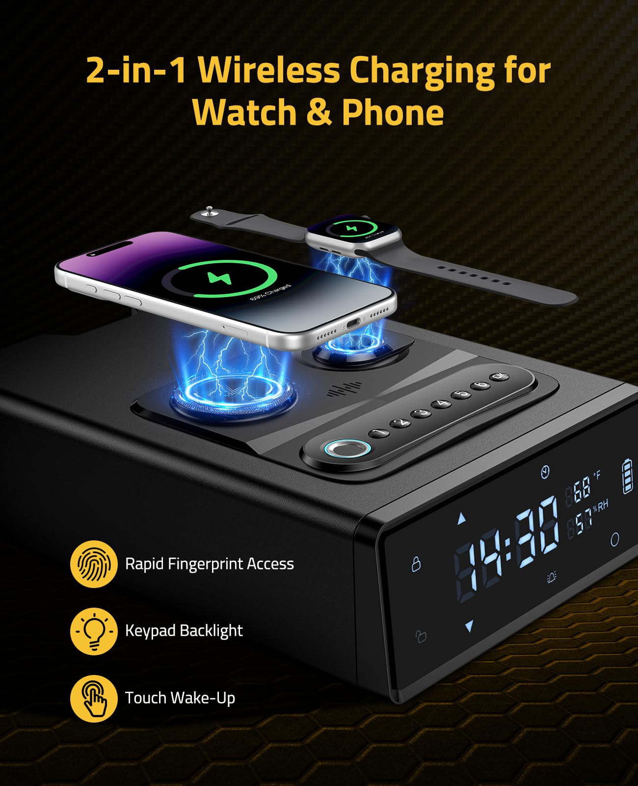 CVLIFE Biometric Gun Safe with 2-in-1 Watch & Phone Wireless Charging, 4 Quick Access Clock Handgun Safe, 24/7 Digital Clock, Pistol Safe with Adjustable Brightness and Volume, and Auto Pop-Up Access