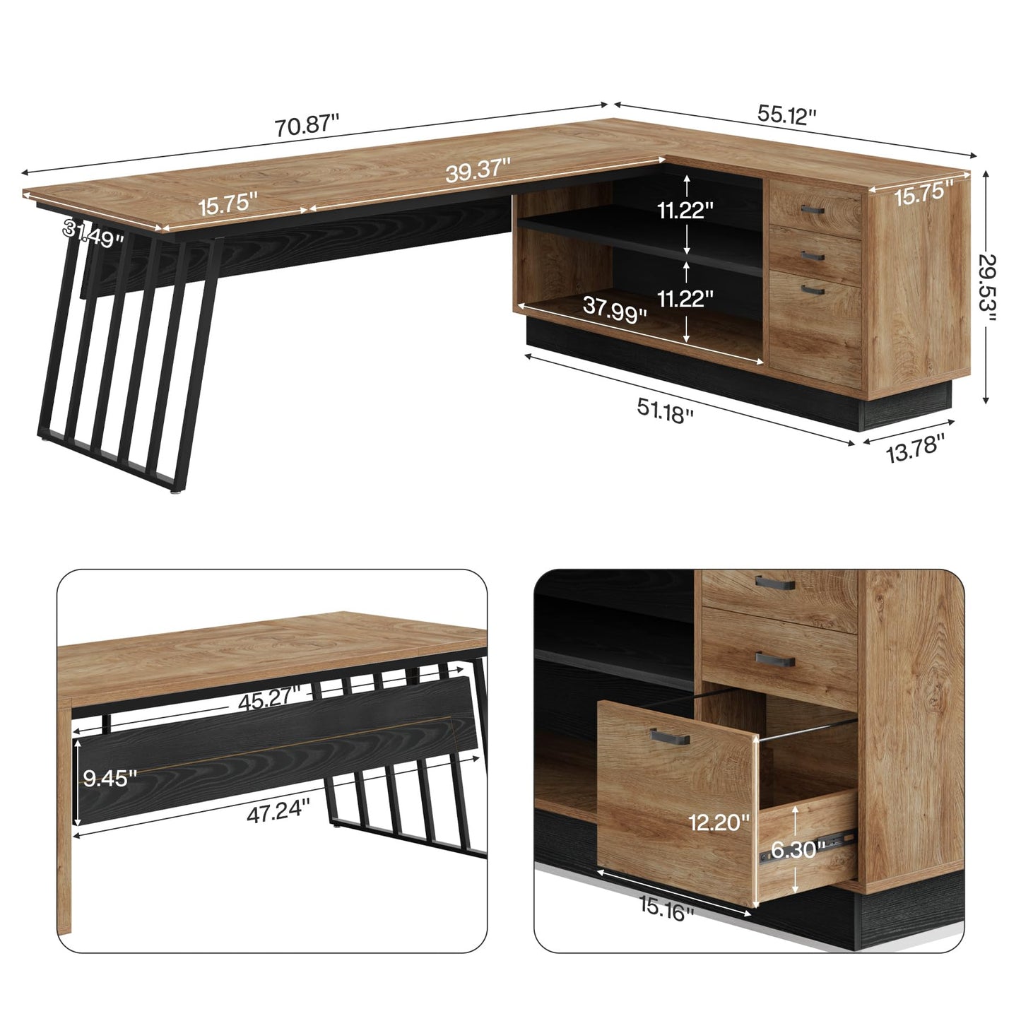 Tribesigns 71-Inch Executive Desk, L-Shaped Desk with Cabinet, Large Office Desk with Drawers and Storage Shelves, Writing Table Computer Desk for Home Office, Oak and Black