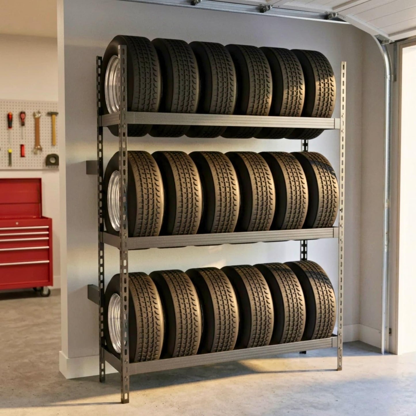 NULTRUMA 3-Tier Wall Mounted Industrial Tire Rack, Heavy Duty Steel Construction with 1500 lbs Shelf Capacity, 59" W x 18" D x 78" H, for Garage Passenger & Light Truck Tires, Assembly Required