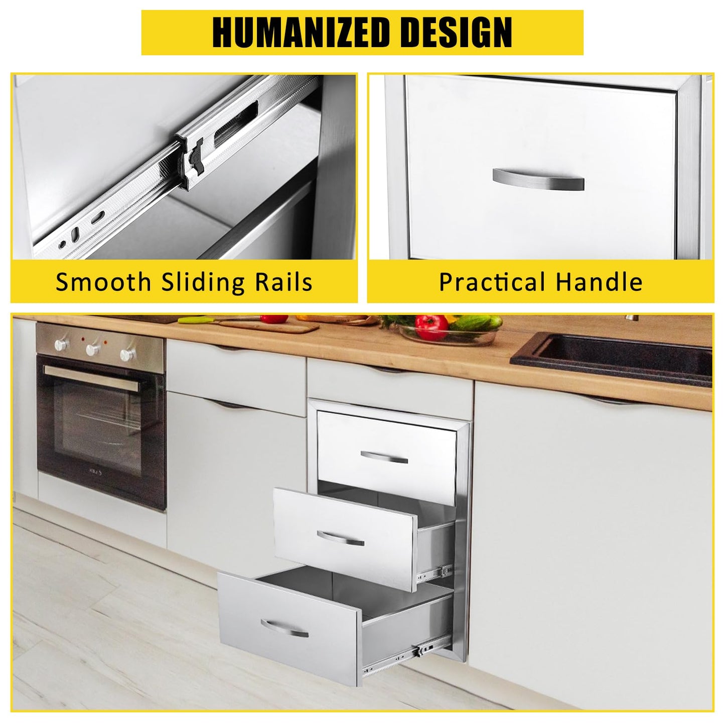 GarveeLife Outdoor Kitchen Drawers - Stainless Steel Flush Mount Triple Access BBQ Drawers, with Divider, Venting Panel for BBQ Island Patio Grill Station, 15.7WX17.7DX21.6H inch