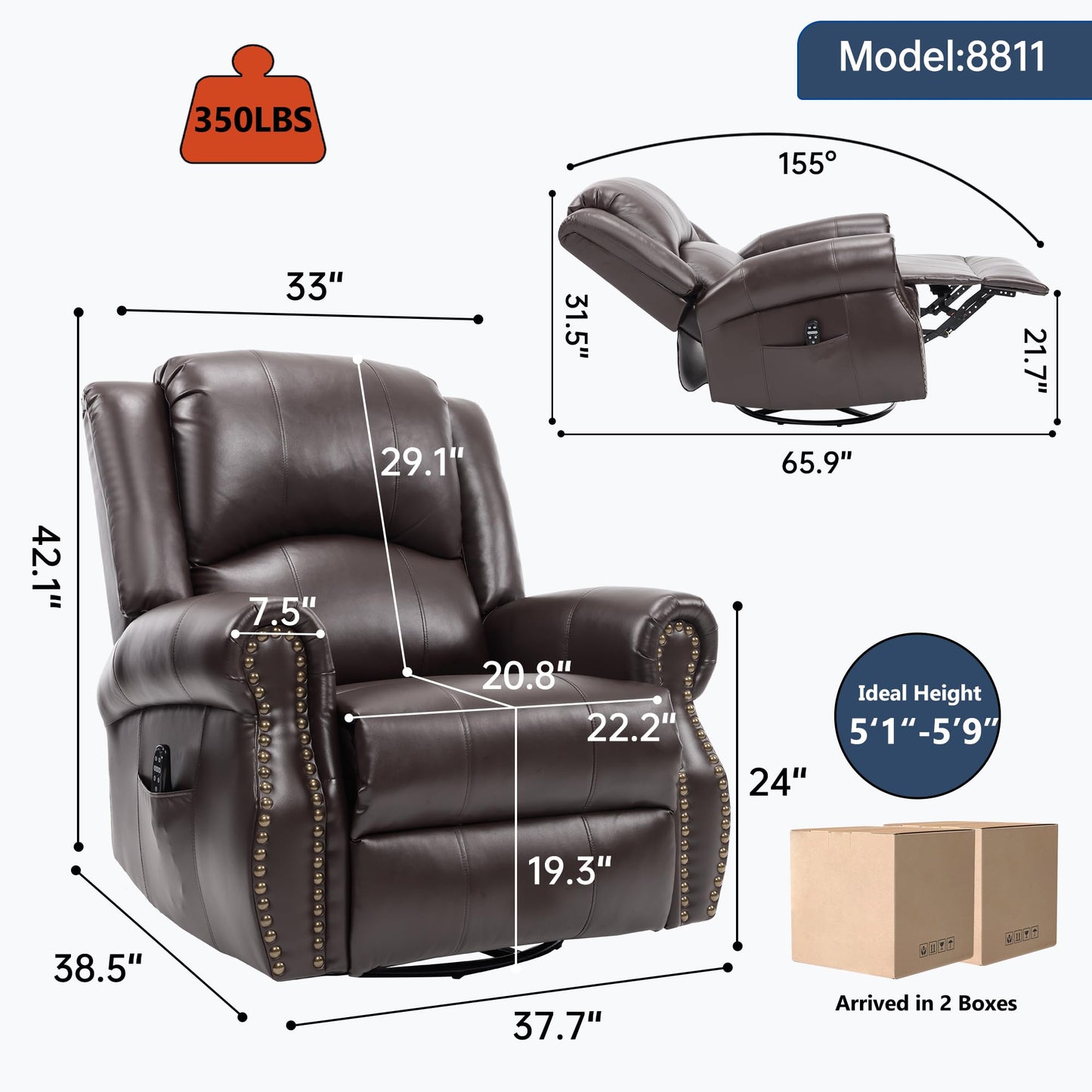 GDFStudio Heat Massage Swivel Rocker Recliner Chair, Manual Fabric Recliner with 360° Swivel, Rocking Function, Lumbar Heat and 8-Point Massage, Overstuffed Living Room Reclining Chair, Brown