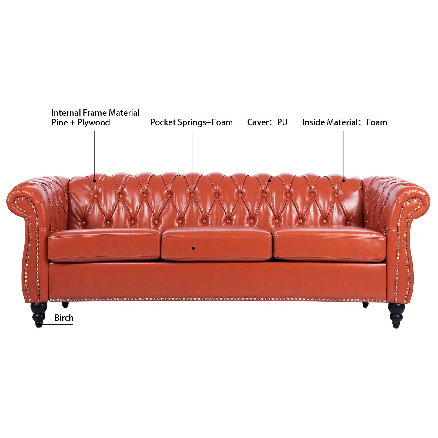 Ball & Cast 84" Chesterfield Leather Sofa with Channel Tufted Seat Back,Classic 3 Seater Couch w/Roll Arm Nailhead Trim and Upholstered,Mid Century Furniture for Living Room,Bedroom,Office,Orange PU