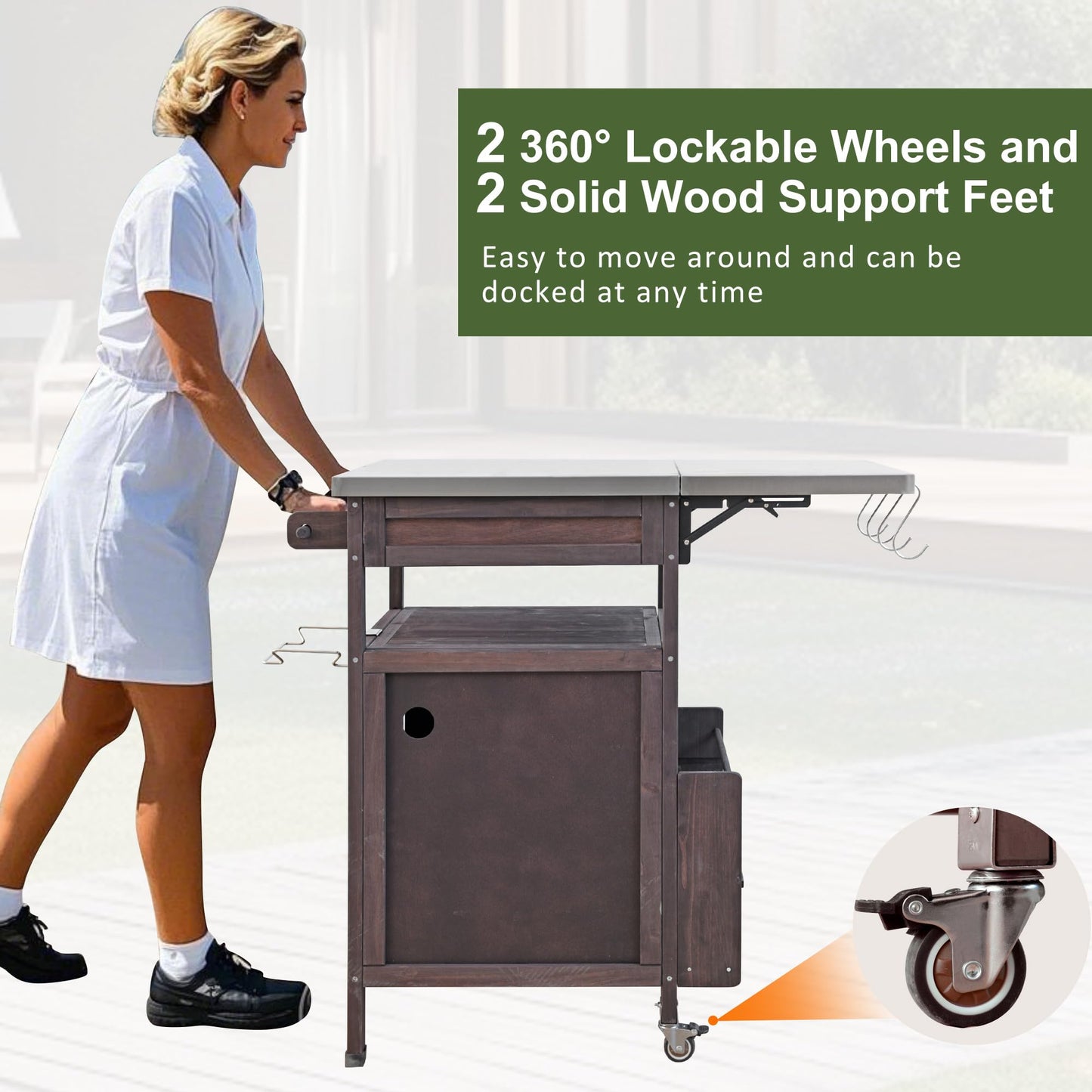 Trygoal Outdoor Grill Cart with Stainless Steel Top, 40.5”Solid Wood BBQ Prep Table for Pizza Oven, Mobile Outdoor Kitchen Island with Drop Leaf, Storage Cabinet, Towel Rack & Spice Holder for Patio