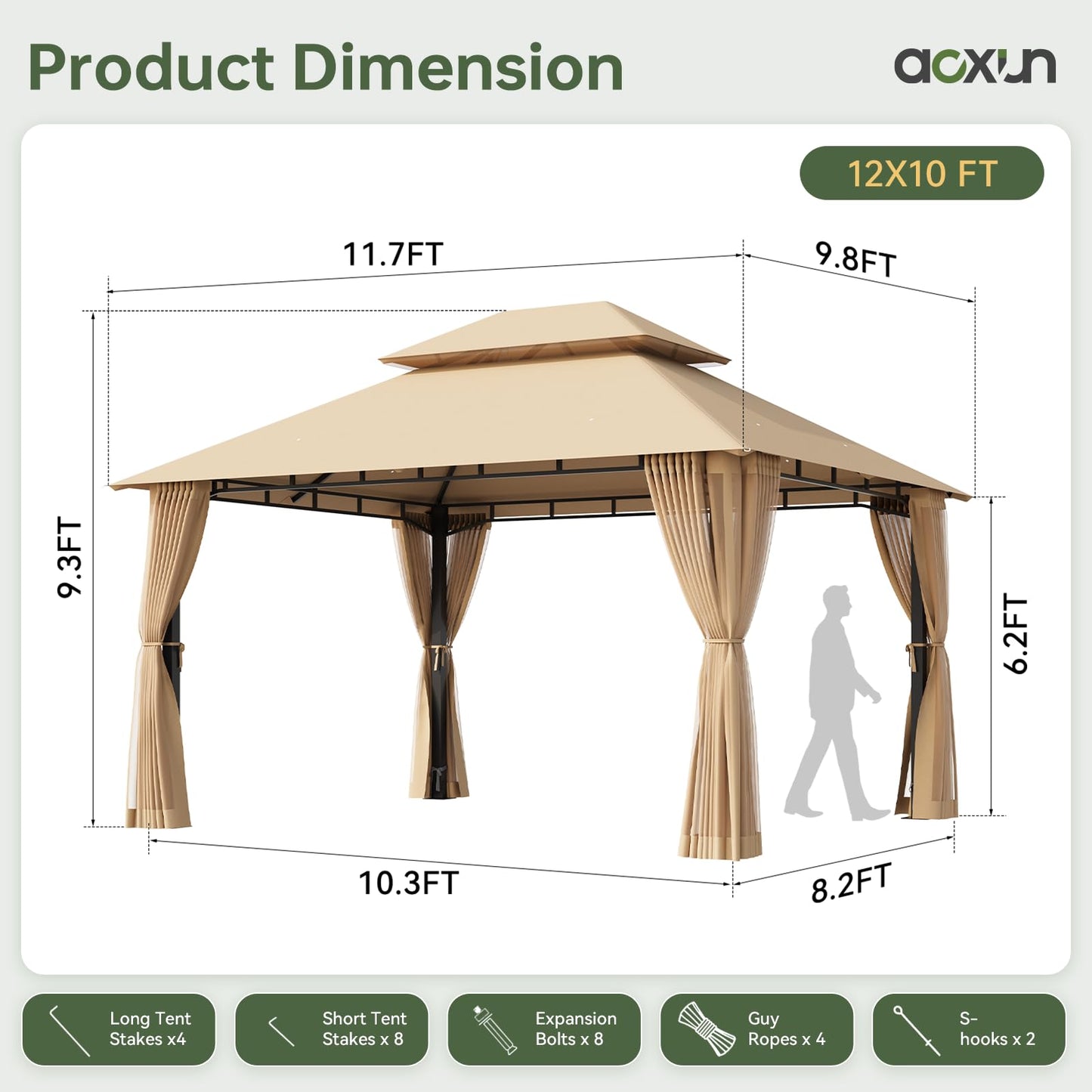 Aoxun 12x10 Gazebo with Double Roof & Mosquito Netting Outdoor Heavy-Duty Party Tent, Patio Tent with Zipper Screens - Backyard Garden Lawn Shelter Includes Wind Ropes Expansion Bolts, Beige