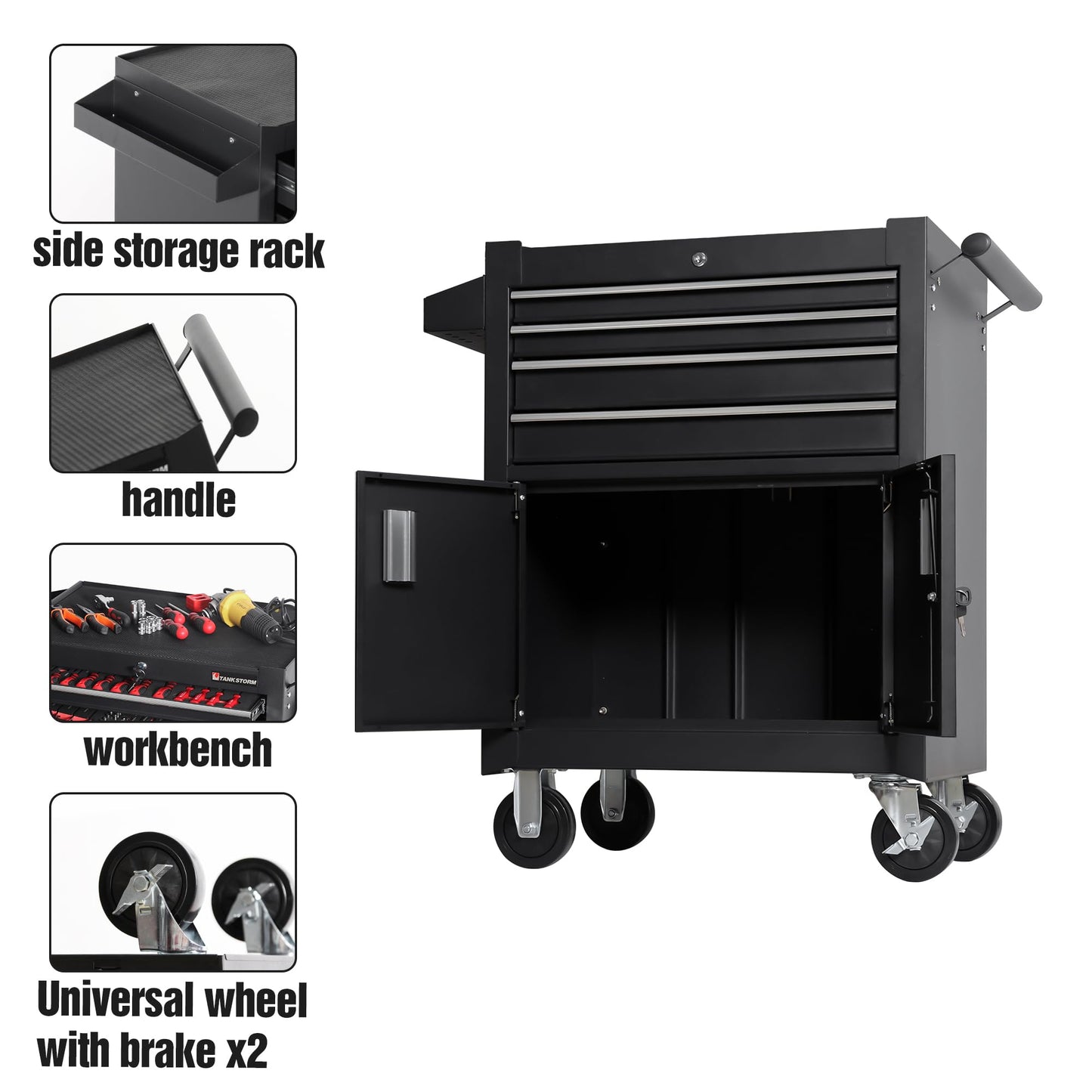 TANKSTORM 4-Drawer Rolling Tool Chest with Cabinet, Heavy Duty Metal Tool Box on Wheels, Lockable Rolling Tool Cabinet with Drawers & Doors, Garage Tool Storage Organizer for Workshop, Repair Shop