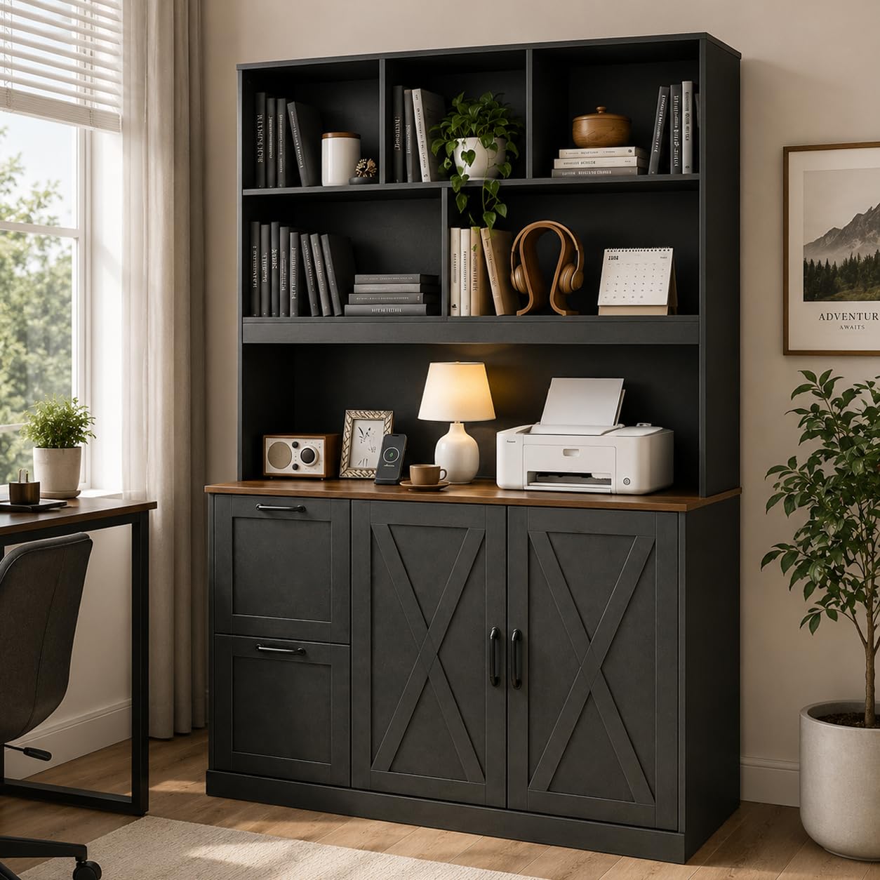 NORTHSKY 72" Tall Bookshelf with Drawers & Doors, Bookcase with Power Outlet and File Cabinet, Office Bookshelf with 2 File Drawers, Open Shelves & Storage Cabinets for Home Office, Black