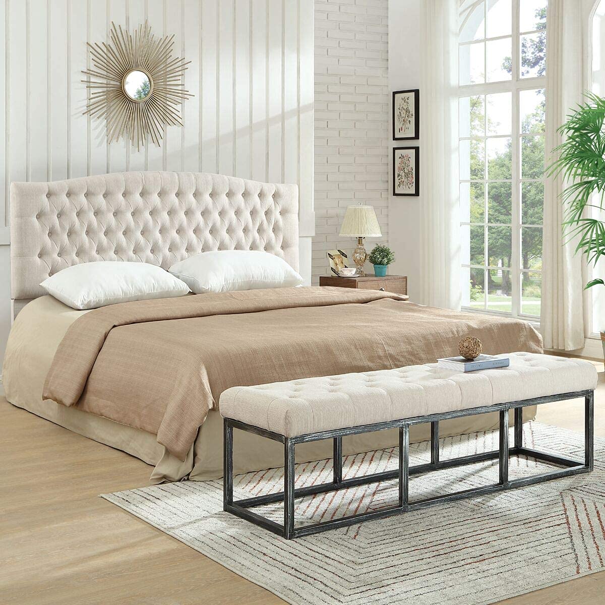 24KF Upholstered Tufted Button Linen Fabric Headboard,Comfortable Fashional Headboard King/CA King Size,Ivory