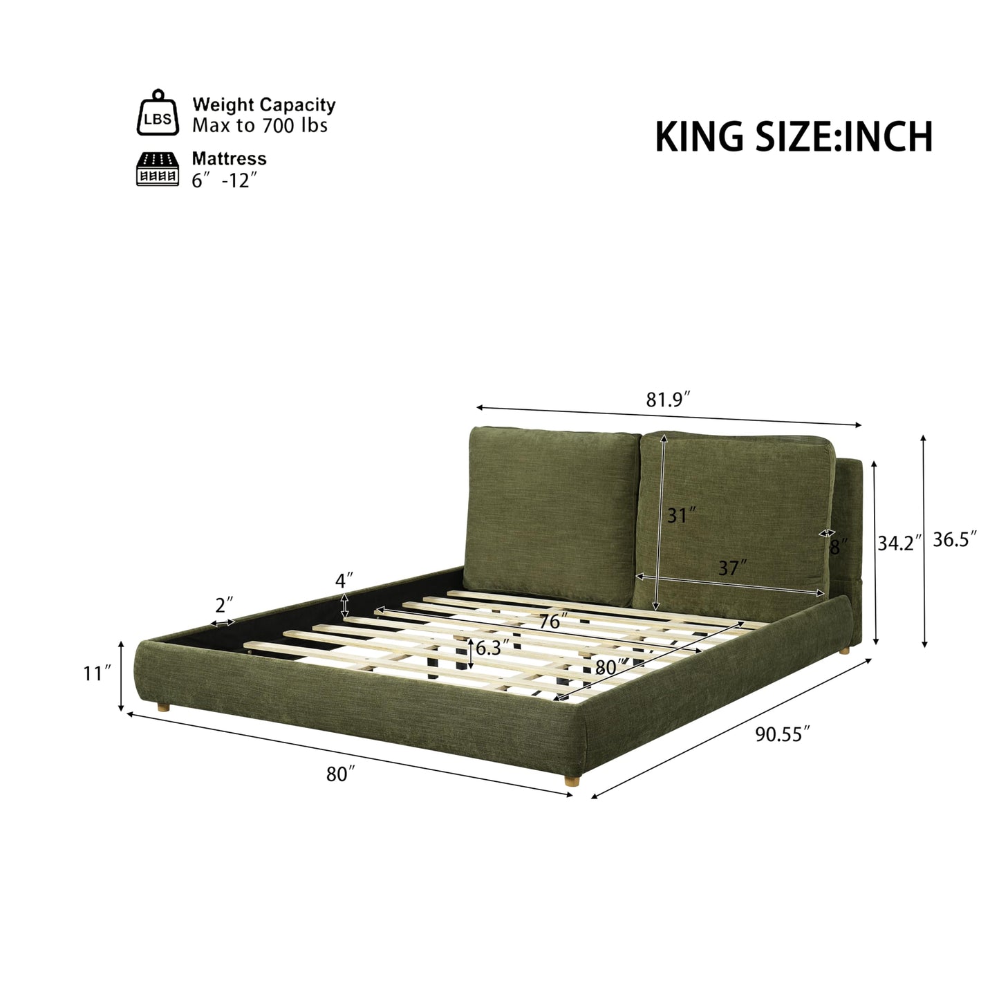 Merax King Size Boucle Fabric Upholstered Platform Bed with Two Removable Pillow Headboard, Wood Bed Frame with Solid Round Legs for Kids Teens Adults, Olive Green